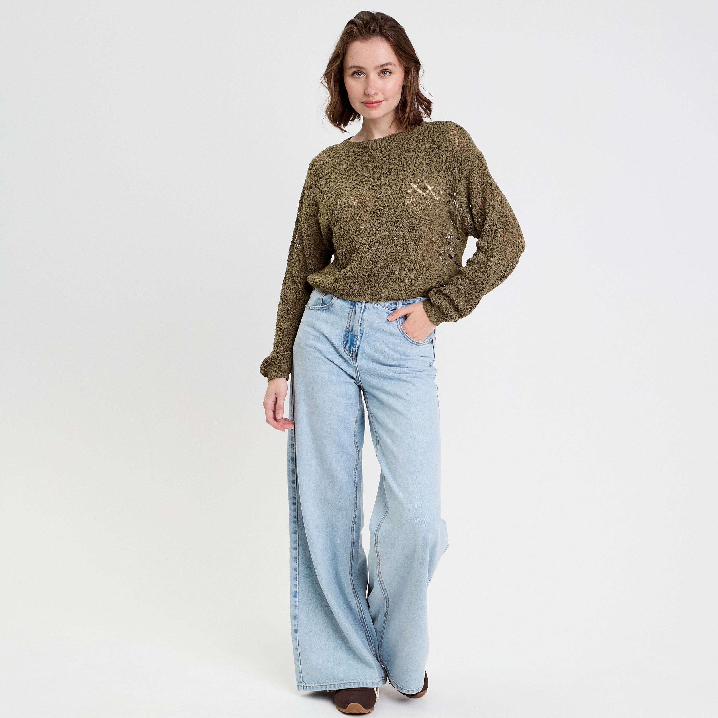 Pull manches longues vert fonc&eacute; femme