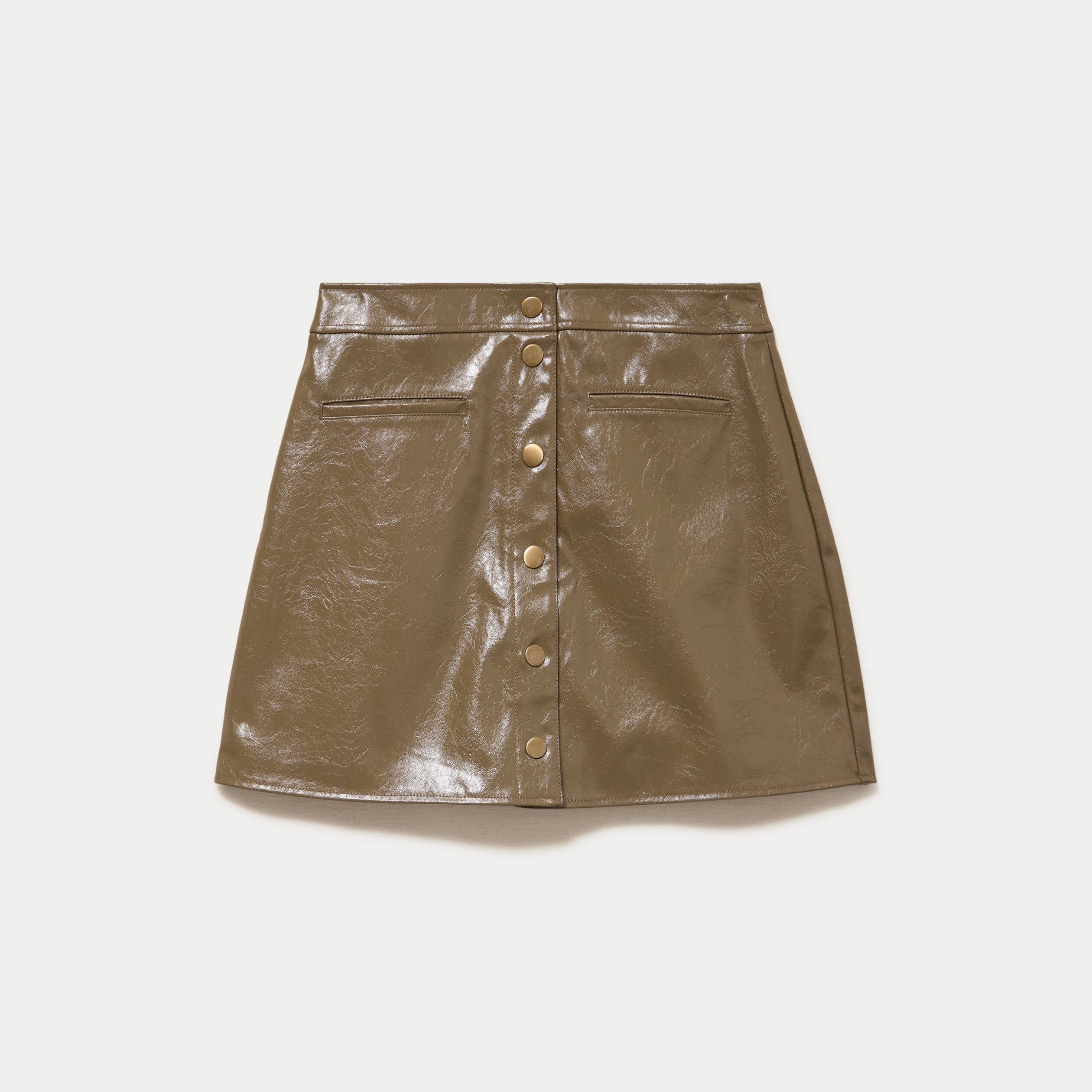 Jupe trap&egrave;ze courte en similicuir vert kaki femme