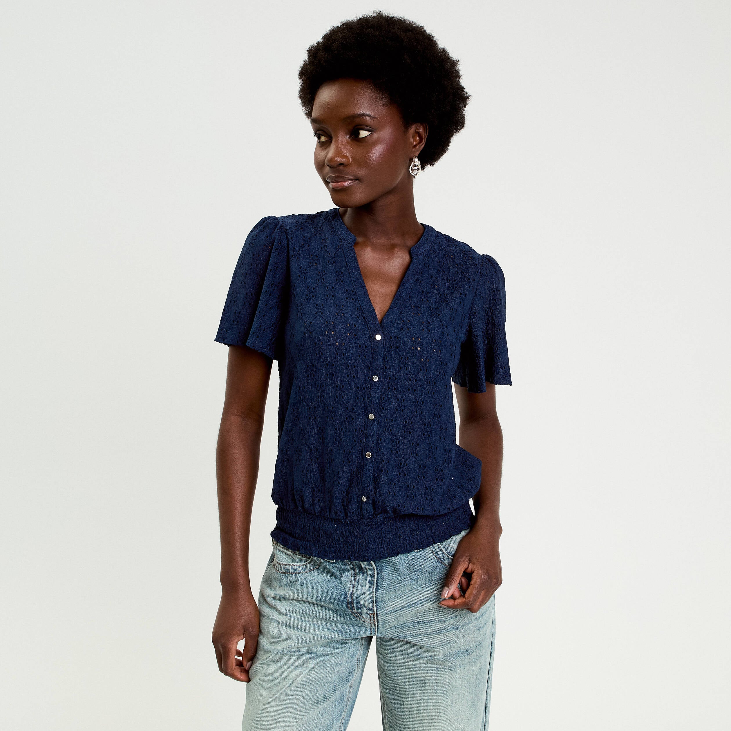 T-shirt manches courtes bleu fonc&eacute; femme