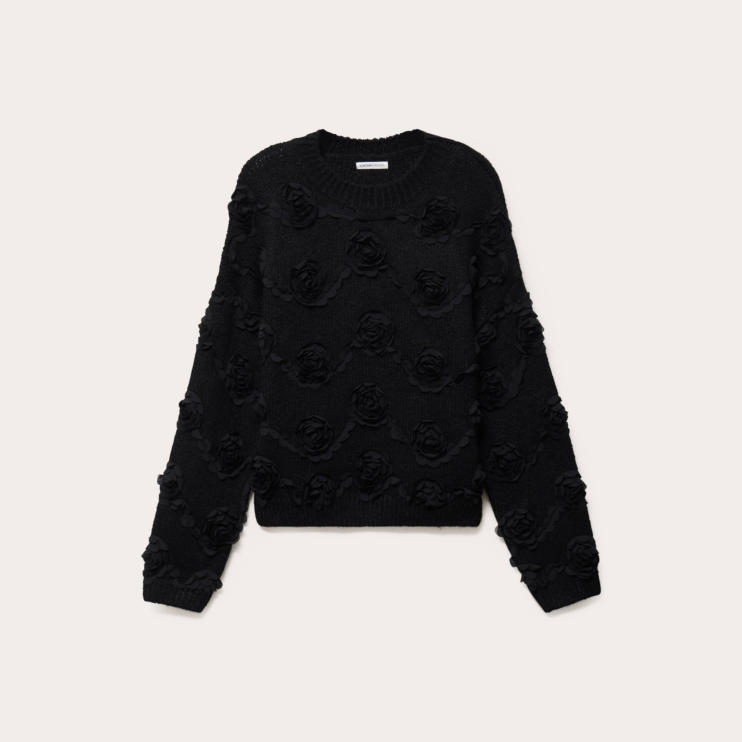 Pull fleurs en relief noir femme