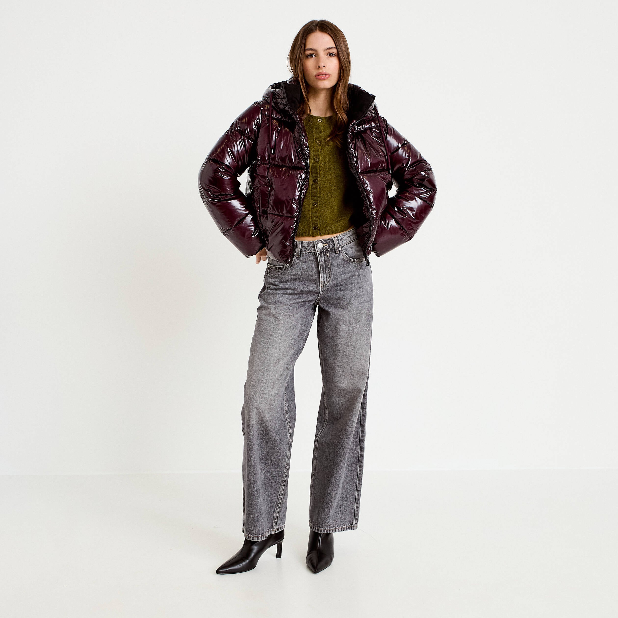 Gilet boutonn&eacute; manches longues vert olive femme