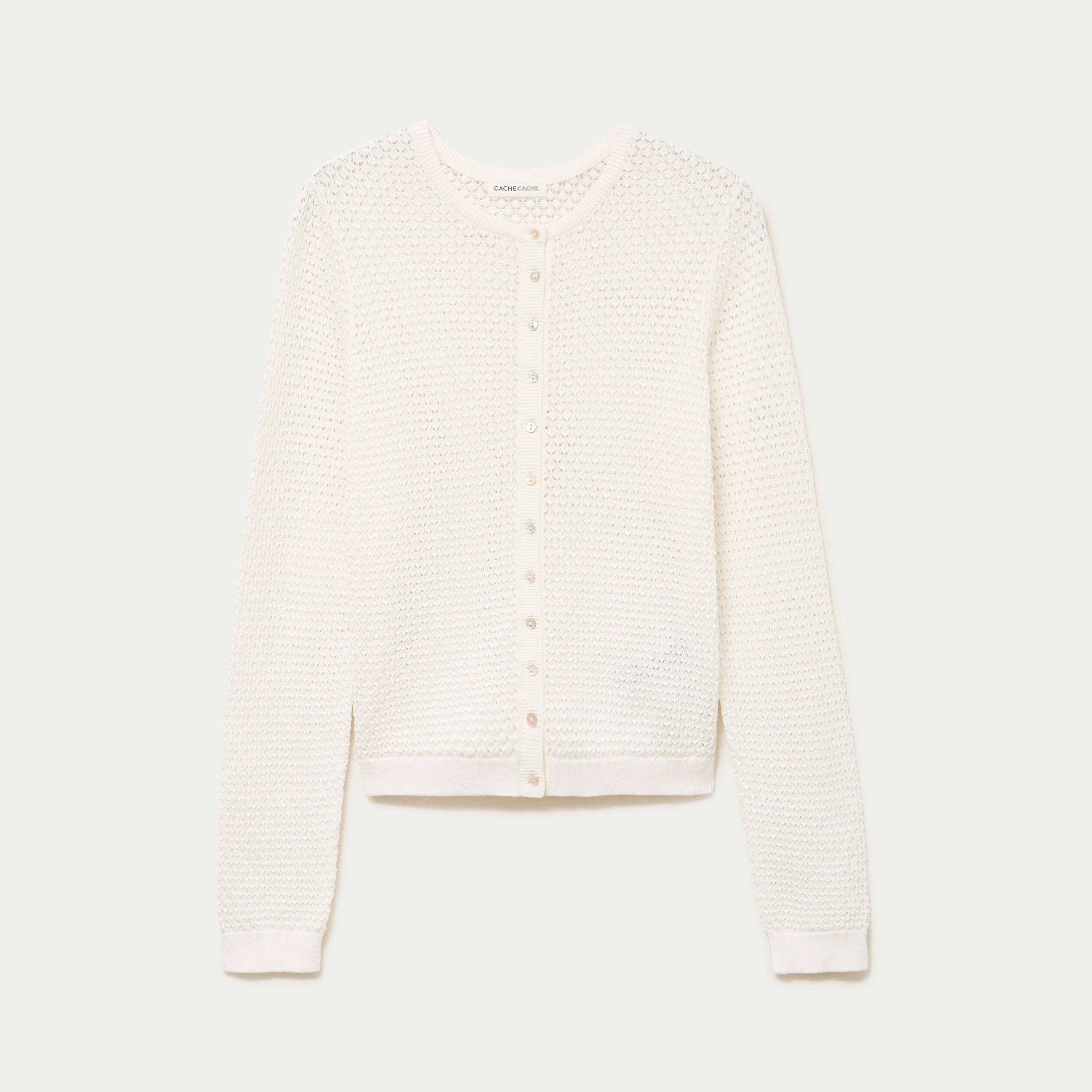 Gilet ajour&eacute; manches longues col rond ecru femme