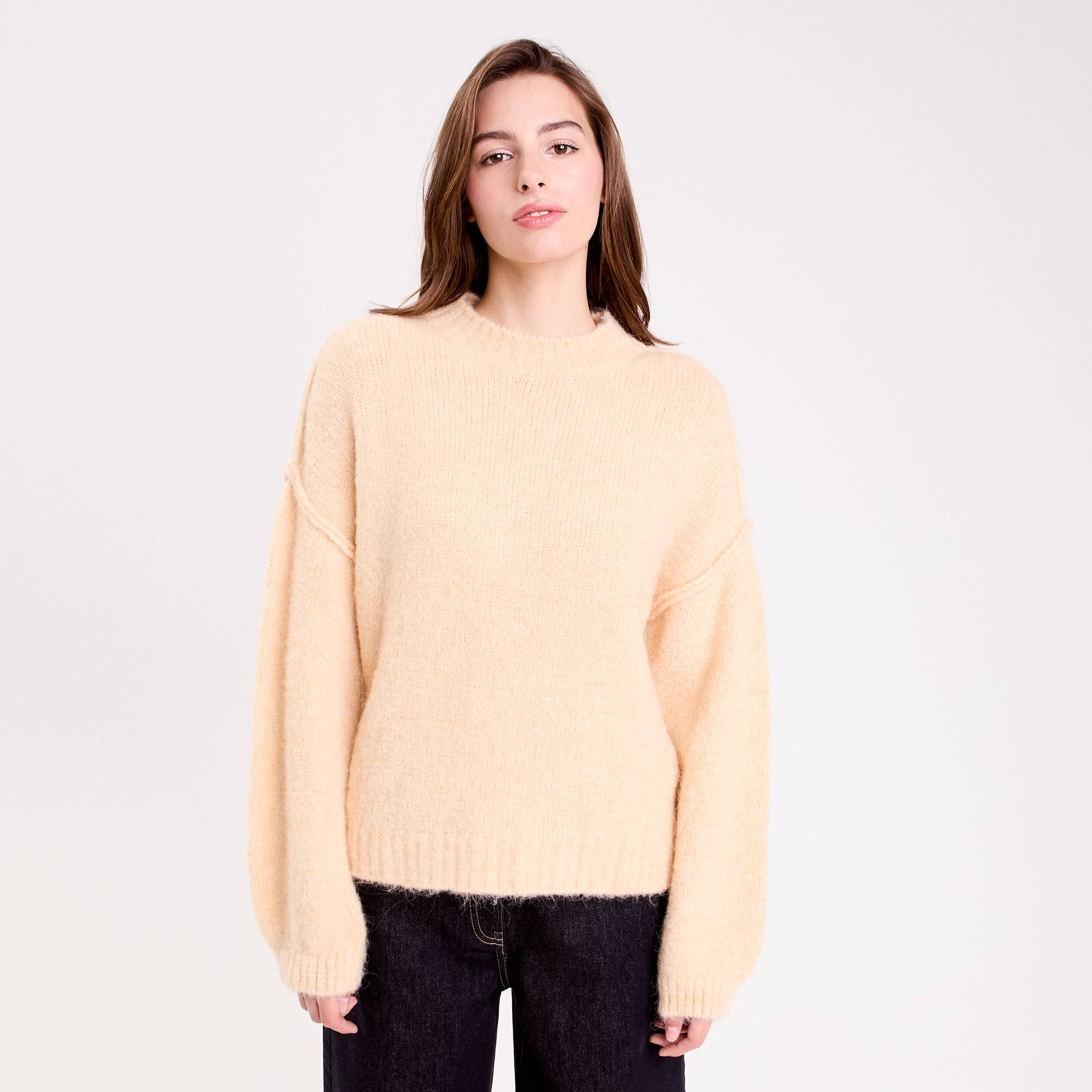 Pull oversize col rond manches longues jaune paille femme