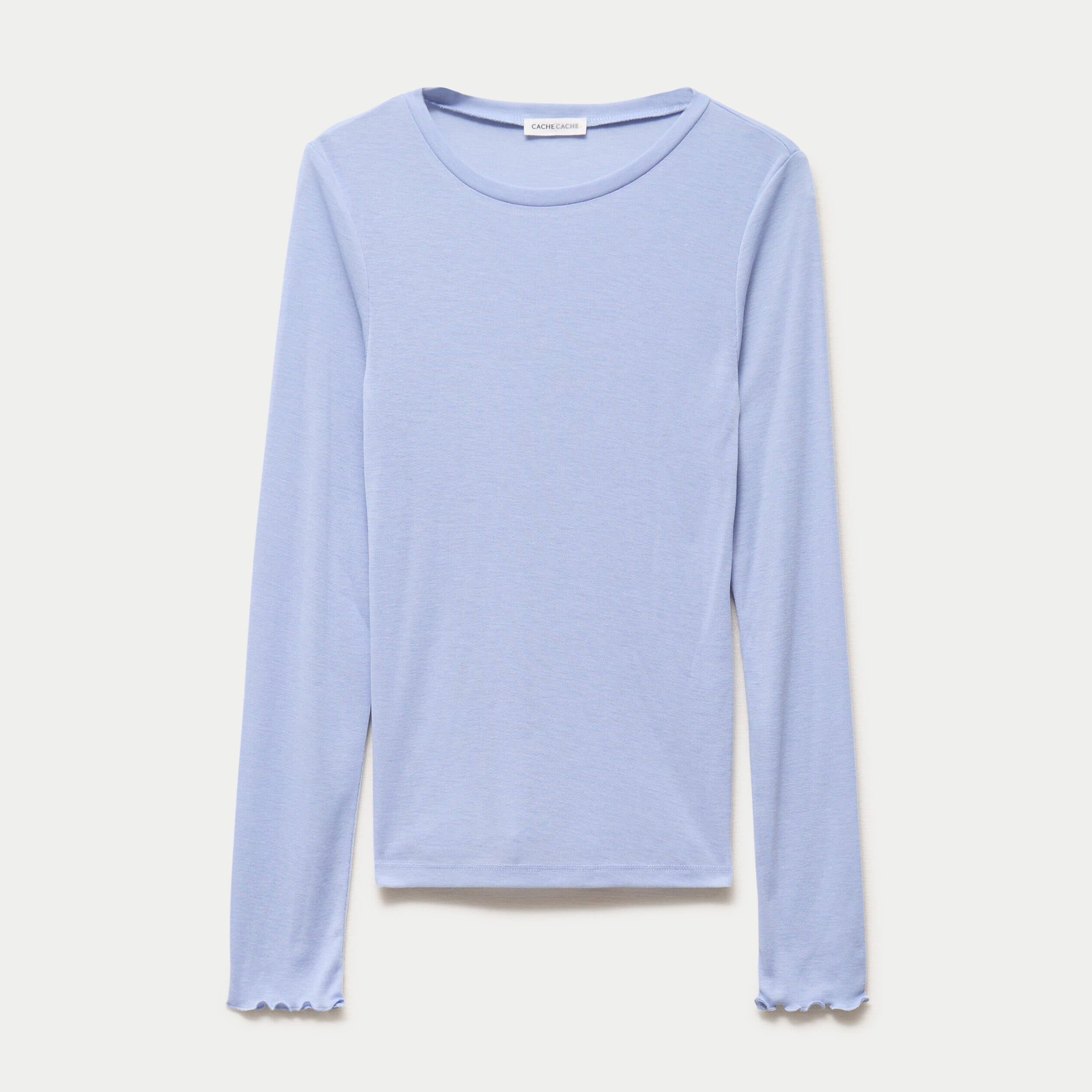 T-shirt ajust&eacute; col rond manches longues bleu clair femme