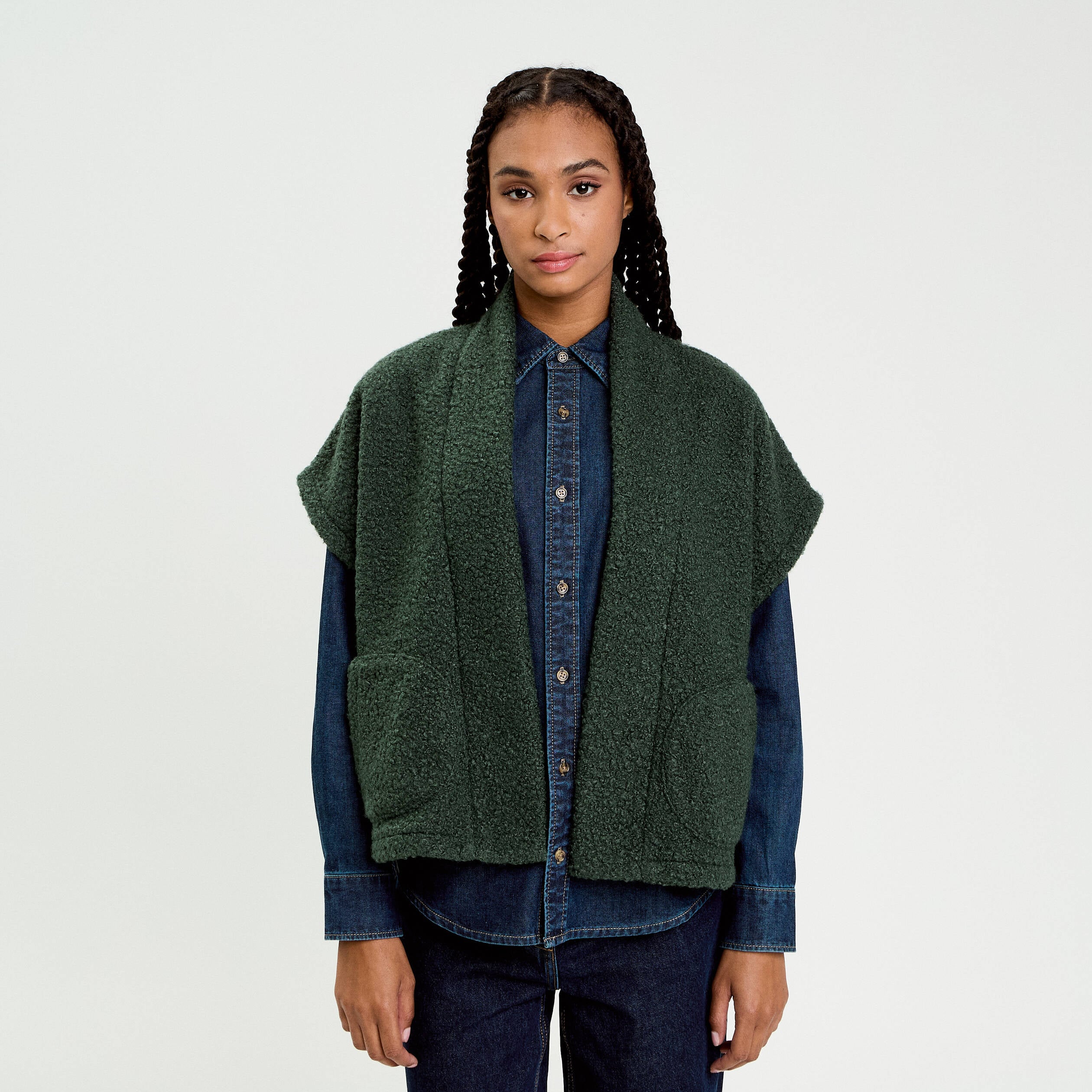 Gilet oversize cropped manches courtes vert fonc&eacute; femme