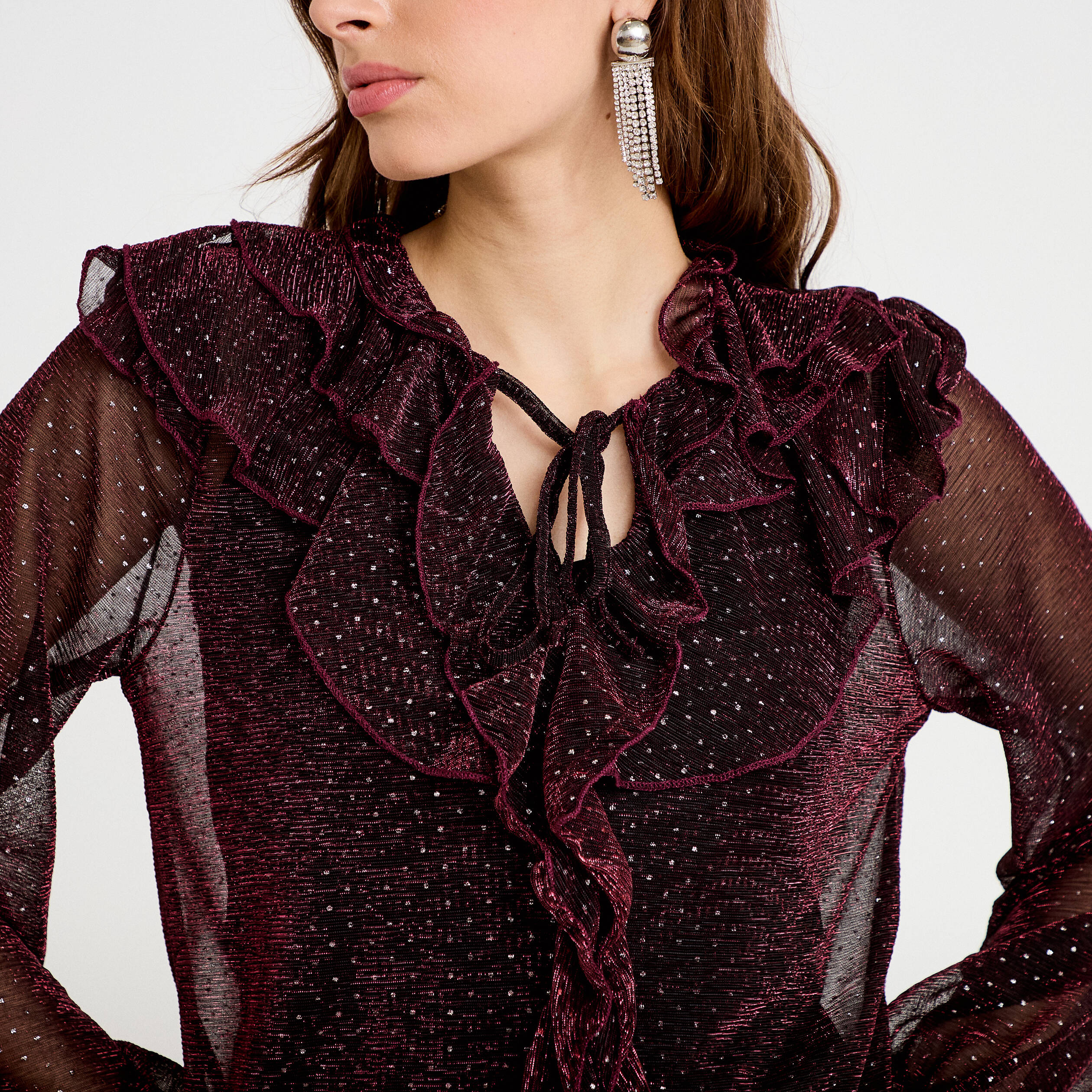 Blouse voile transparent paillet&eacute; violet fonc&eacute; femme