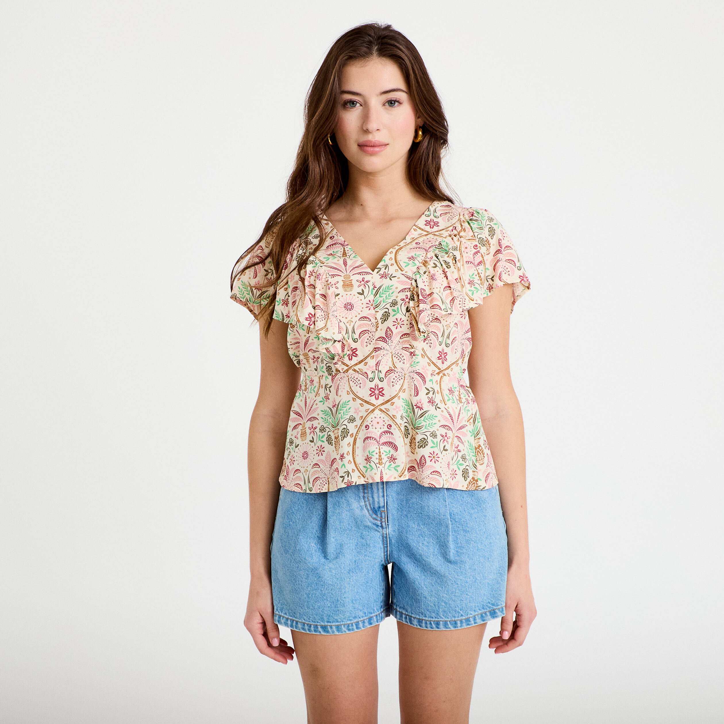 Blouse col v manches courtes blanc femme