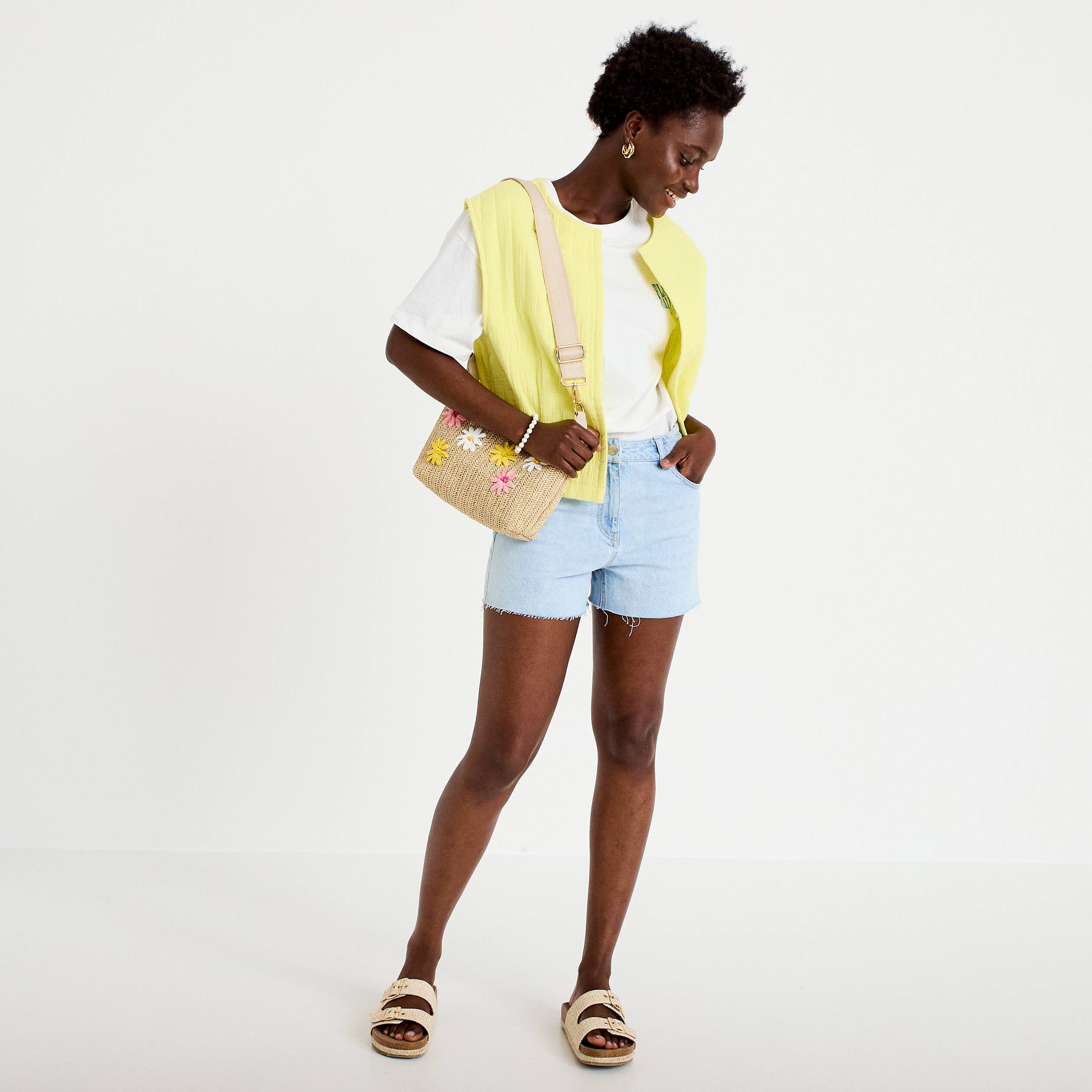 Gilet barman ample cropped pliss&eacute; jaune citron femme