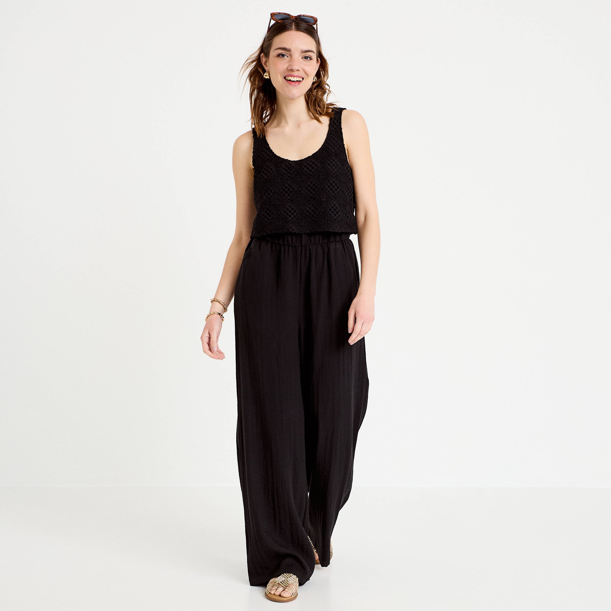 Combinaison bi-mati&egrave;re coupe large noir femme