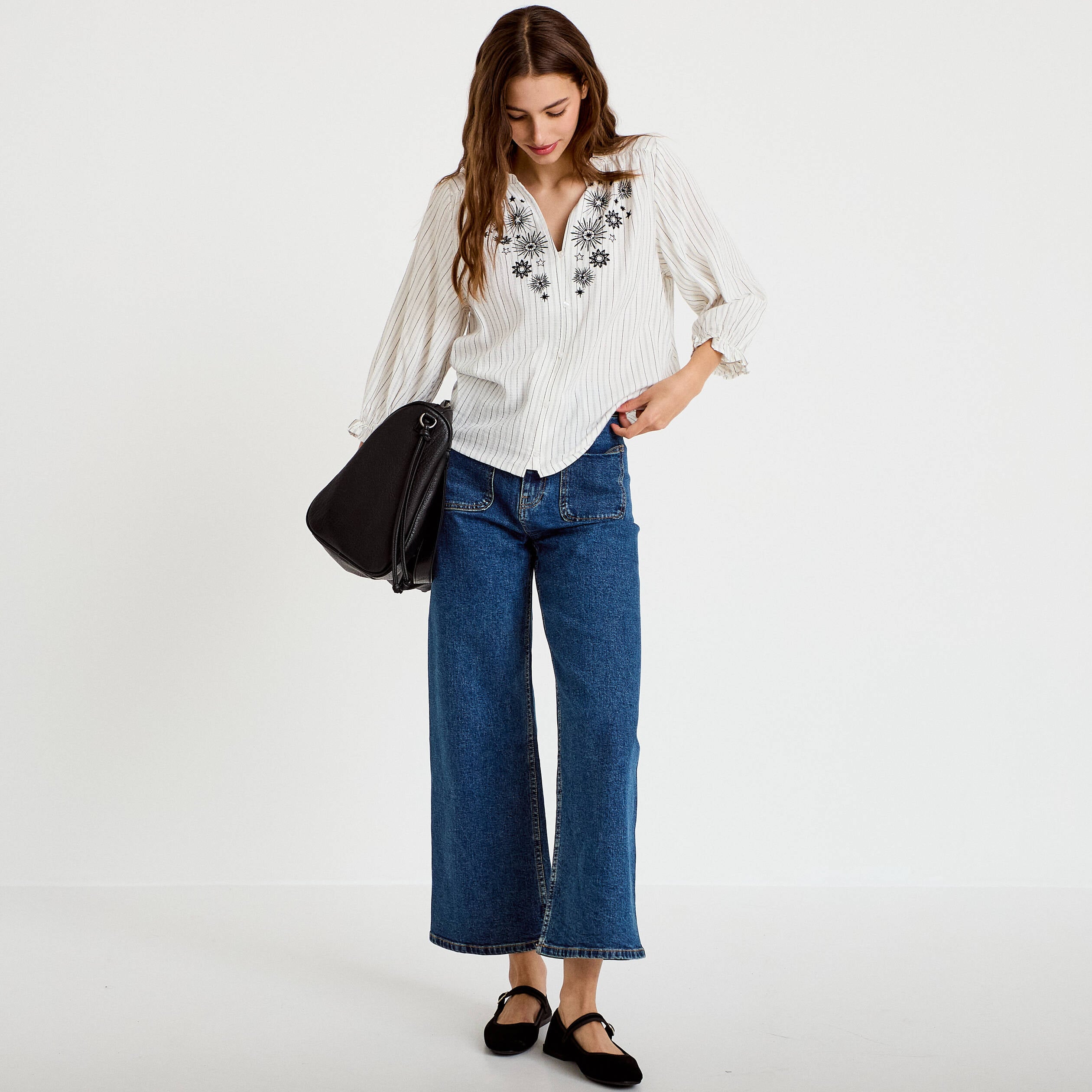Blouse ample broderie manches 3/4 blanc femme