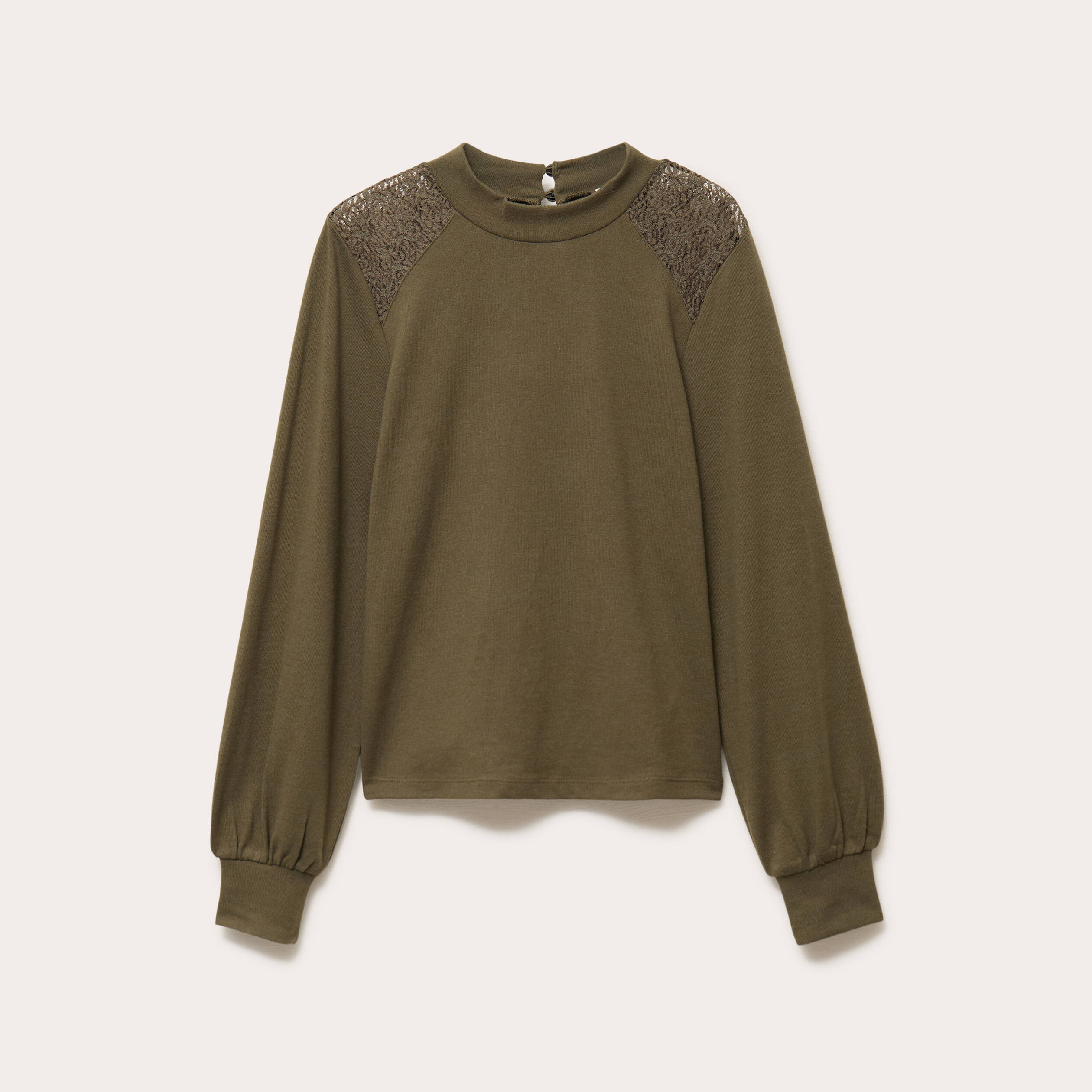 T-shirt manches longues d&eacute;tails ajour&eacute;s vert kaki femme