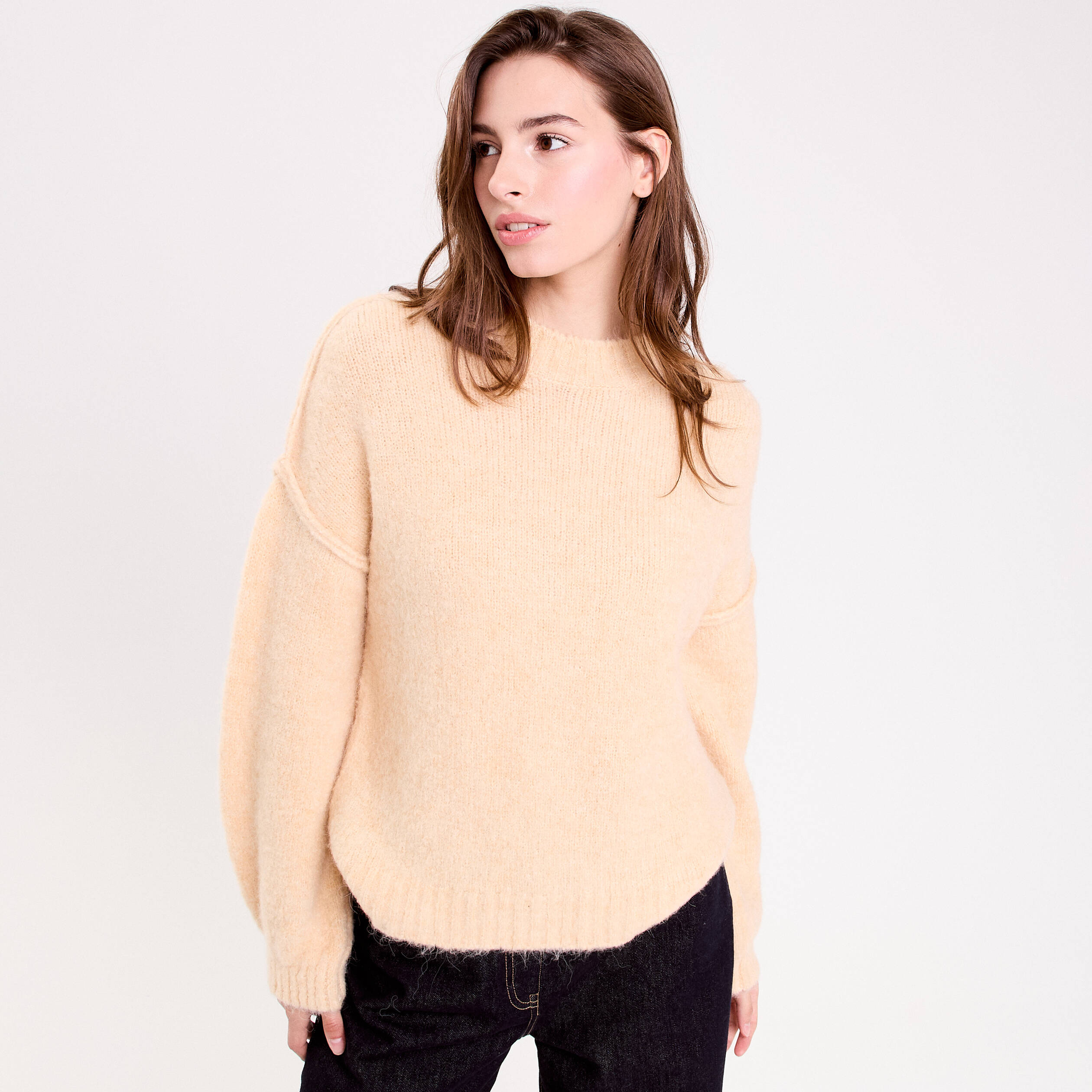Pull oversize col rond manches longues jaune paille femme