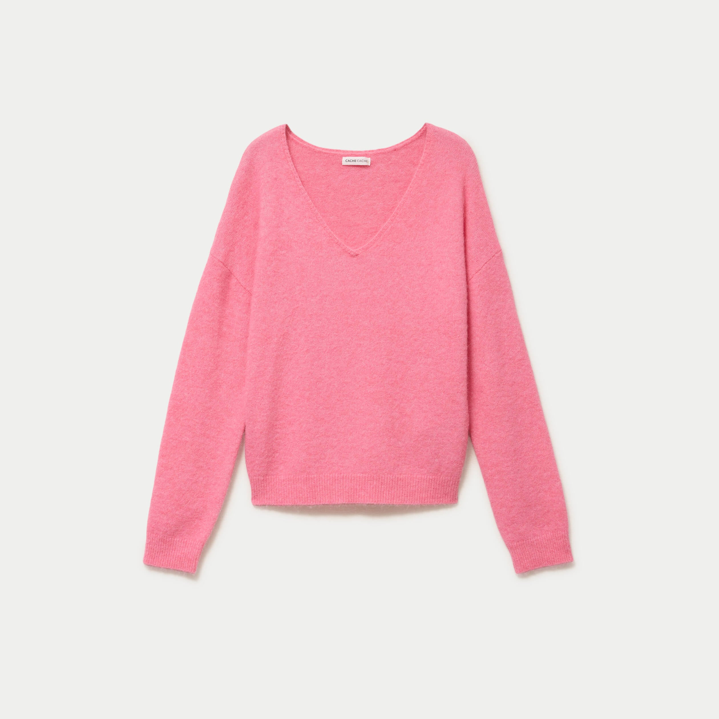 Pull avec col en V rose vif femme