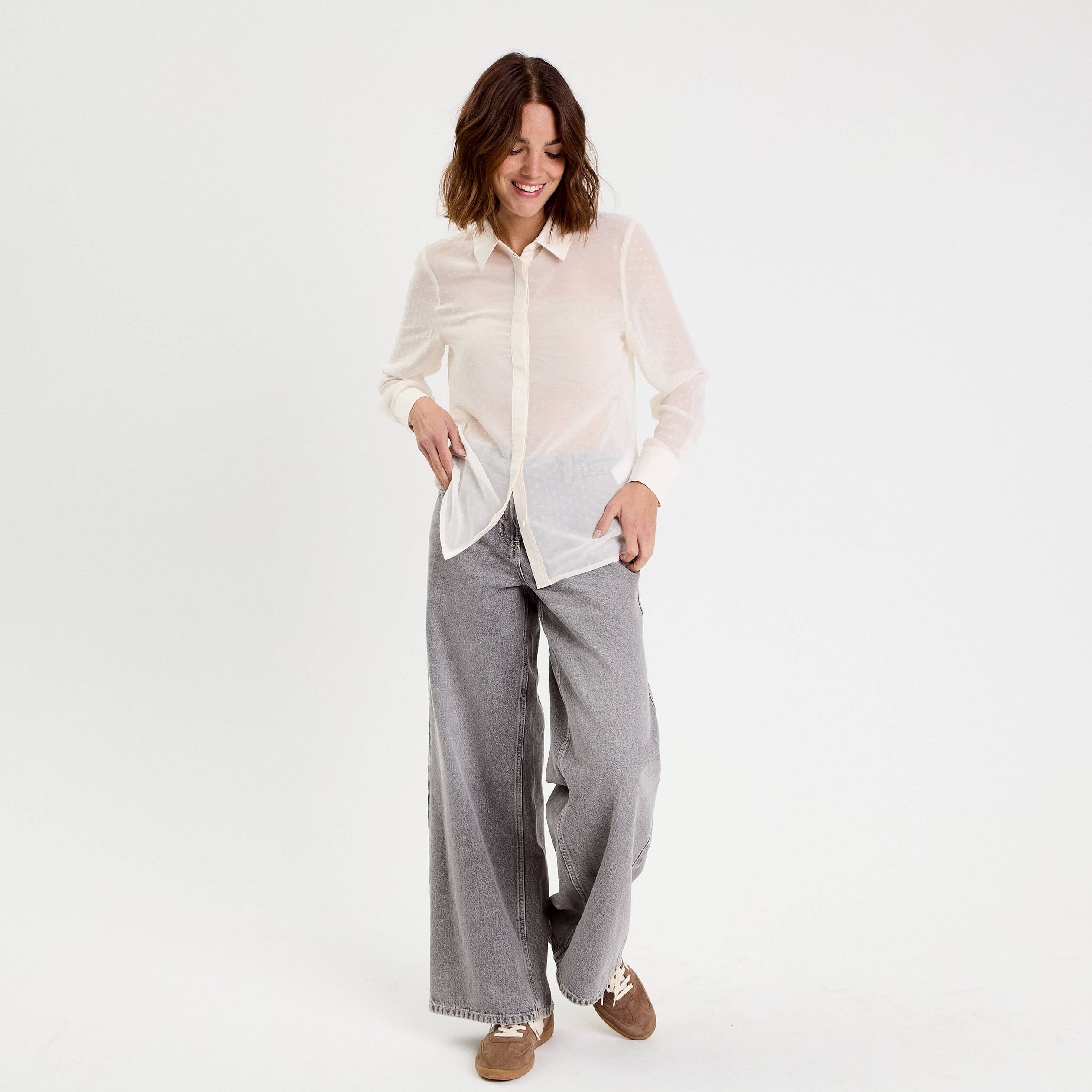 Chemise voile plumetis brillant ecru femme
