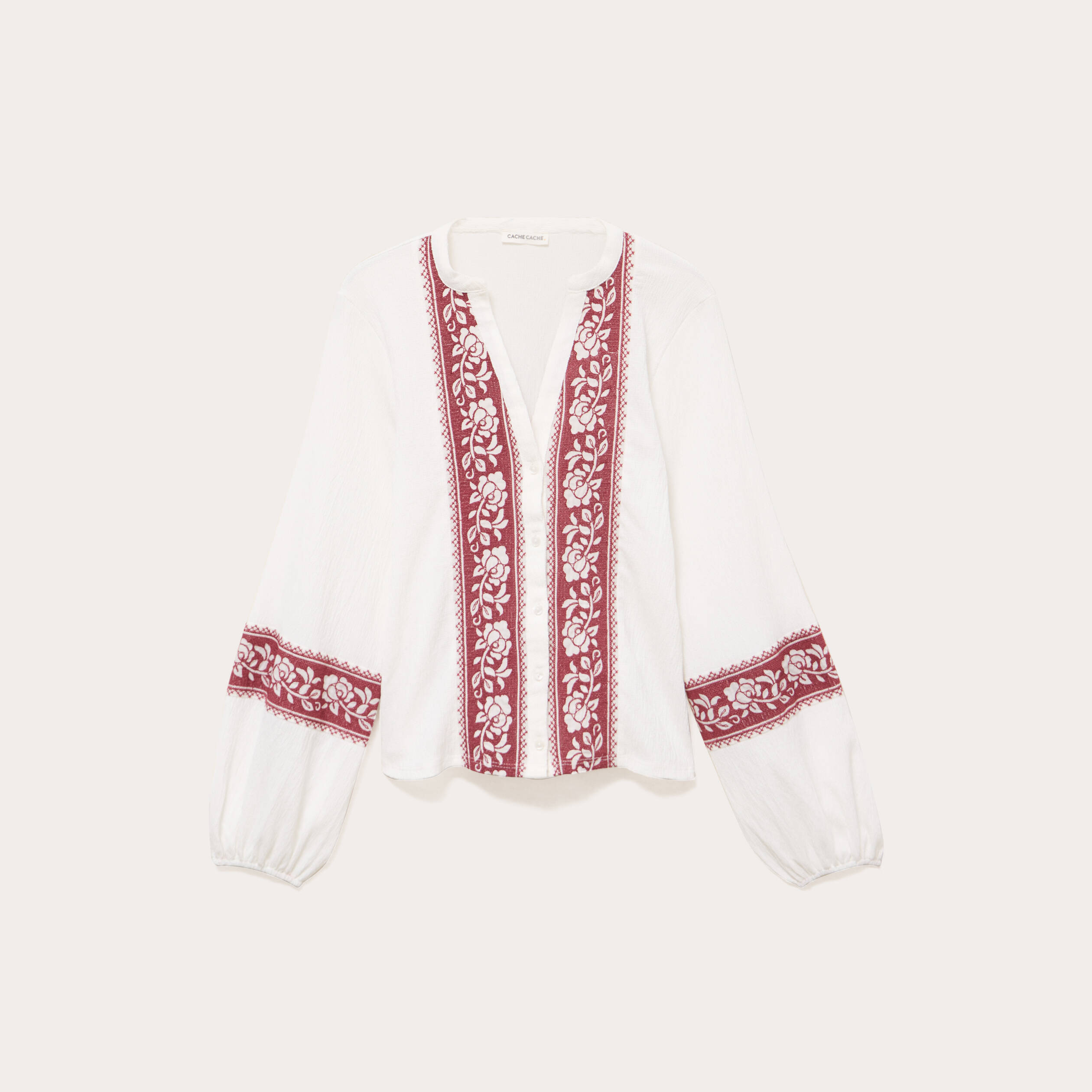 Blouse brod&eacute;e col tunisien ecru femme