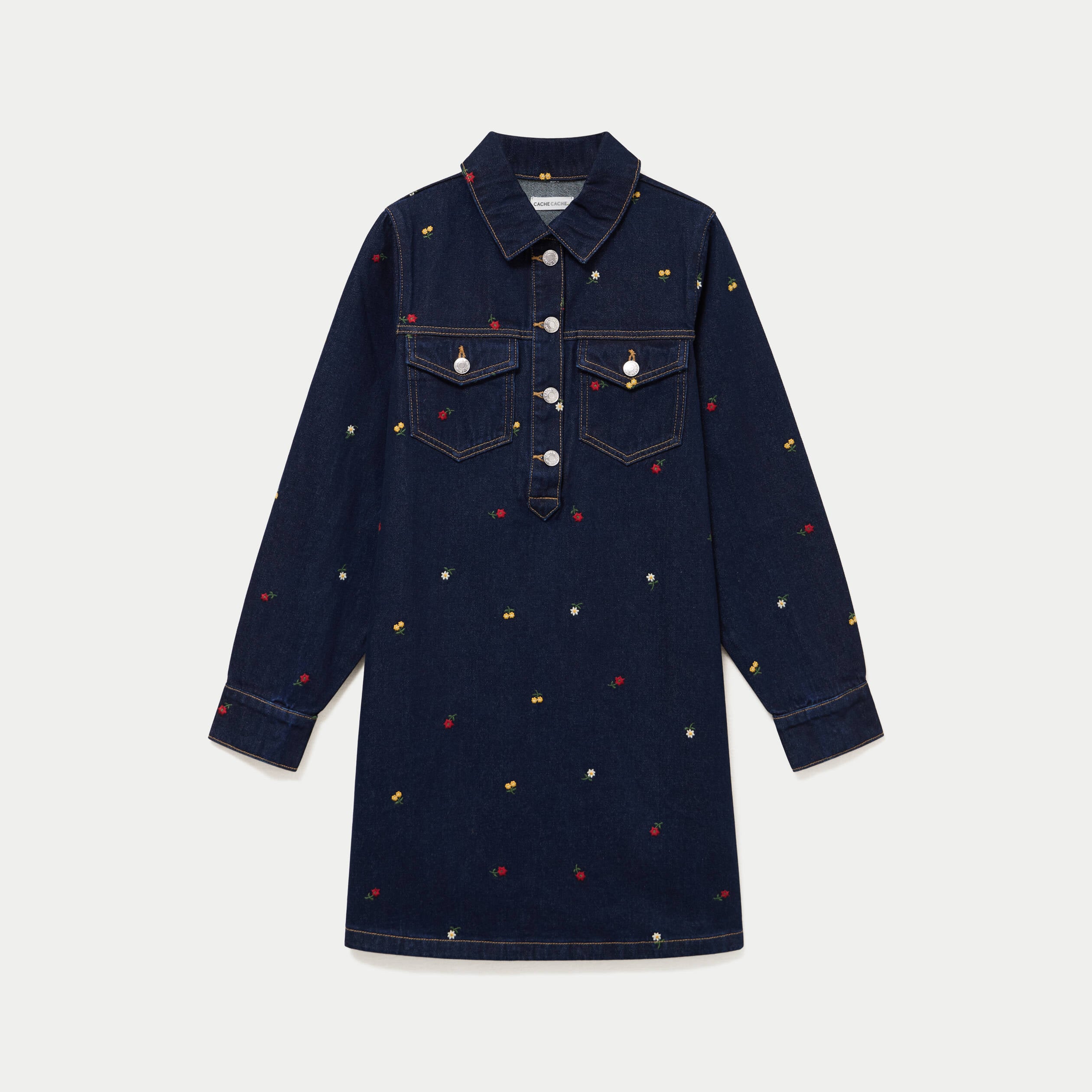 Robe courte &eacute;vas&eacute;e en jean brod&eacute;e bleu marine femme