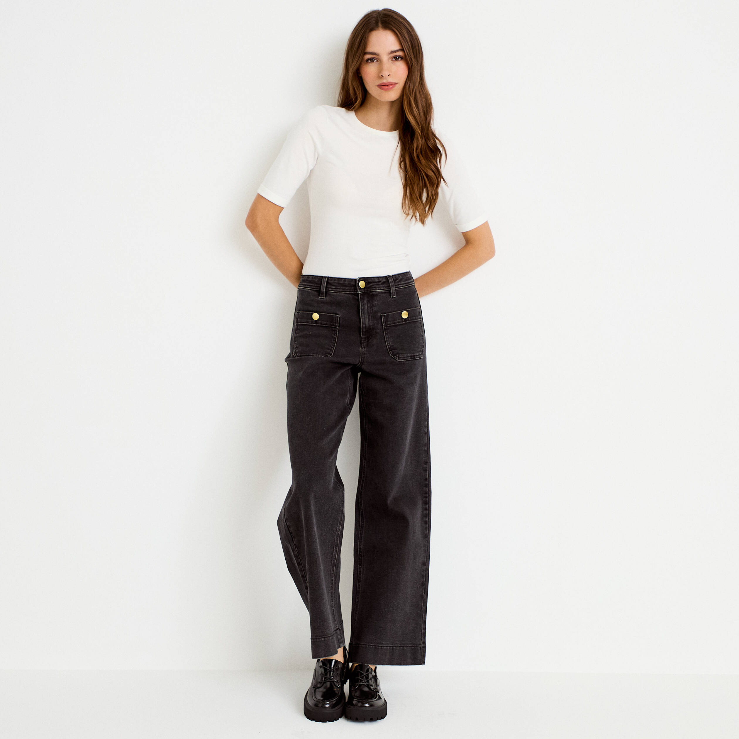 Jean wide leg cropped taille haute denim noir femme