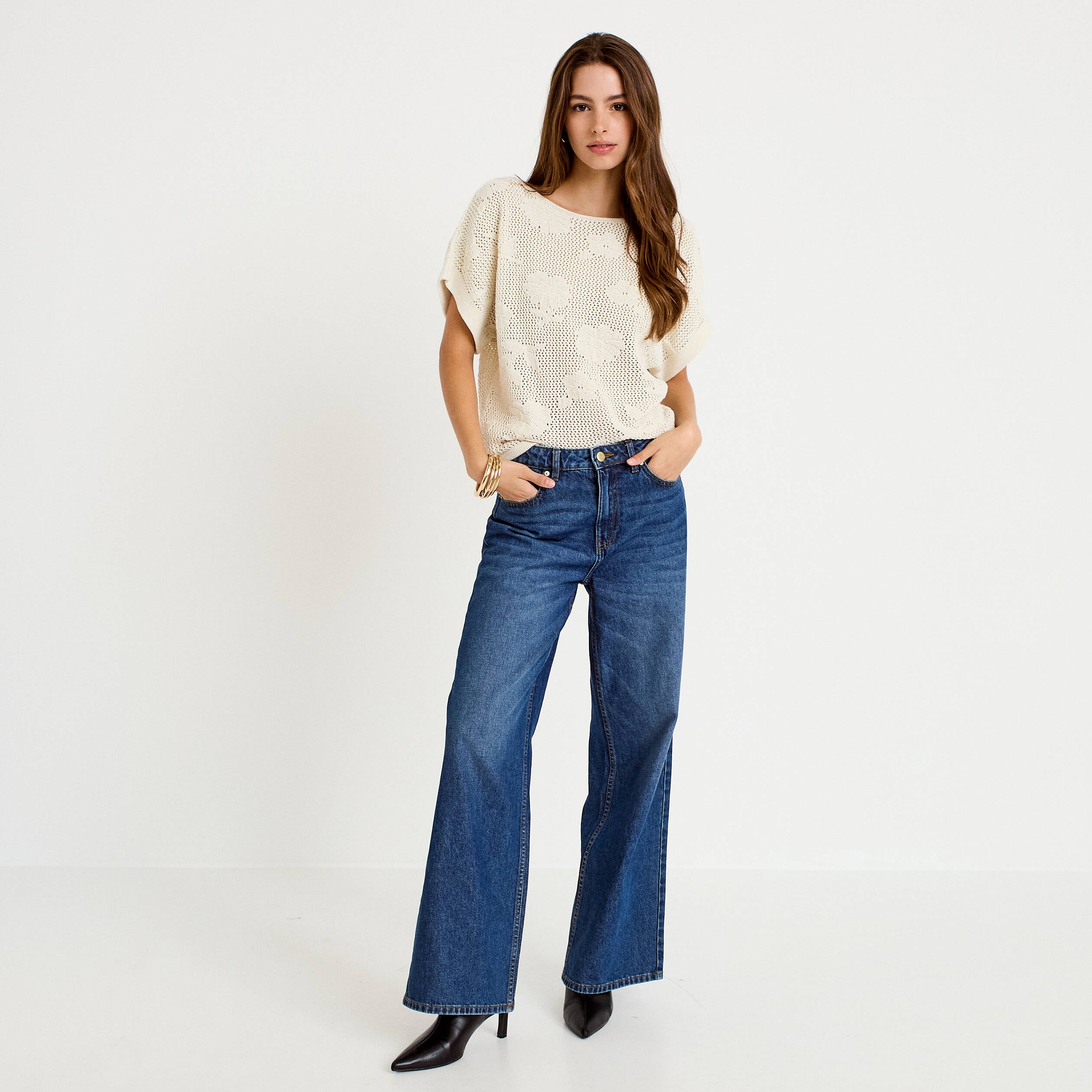 Pull ajour&eacute; col bateau manches courtes ecru femme