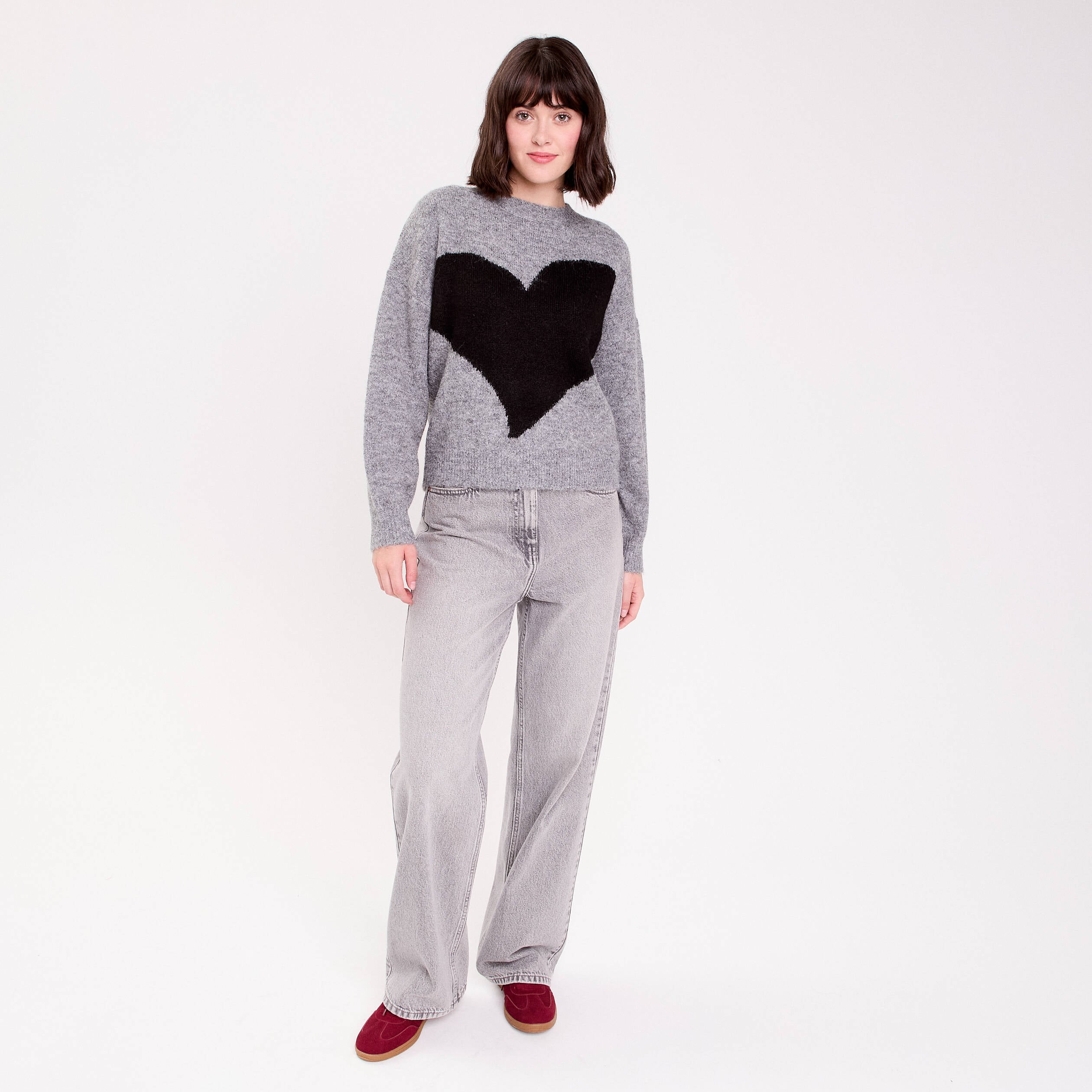 Pull col rond manches longues gris fonc&eacute; femme