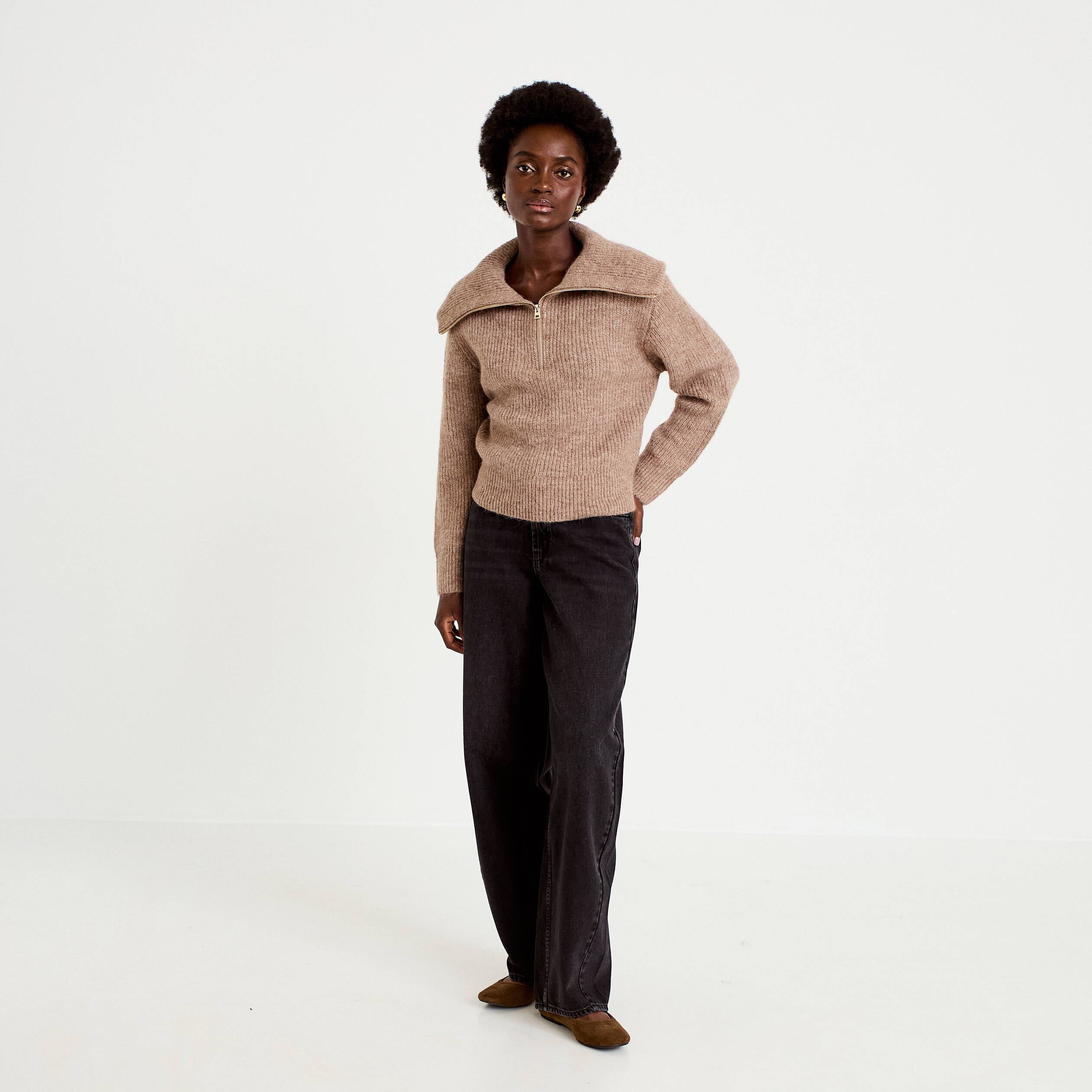 Pull col camionneur manches longues beige femme