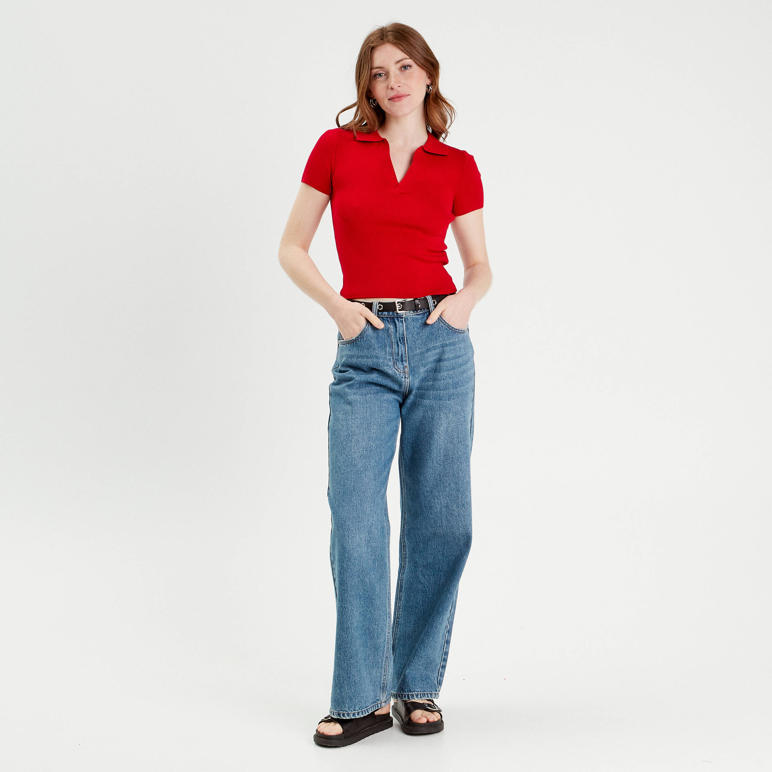 T-shirt manches courtes col polo rouge femme