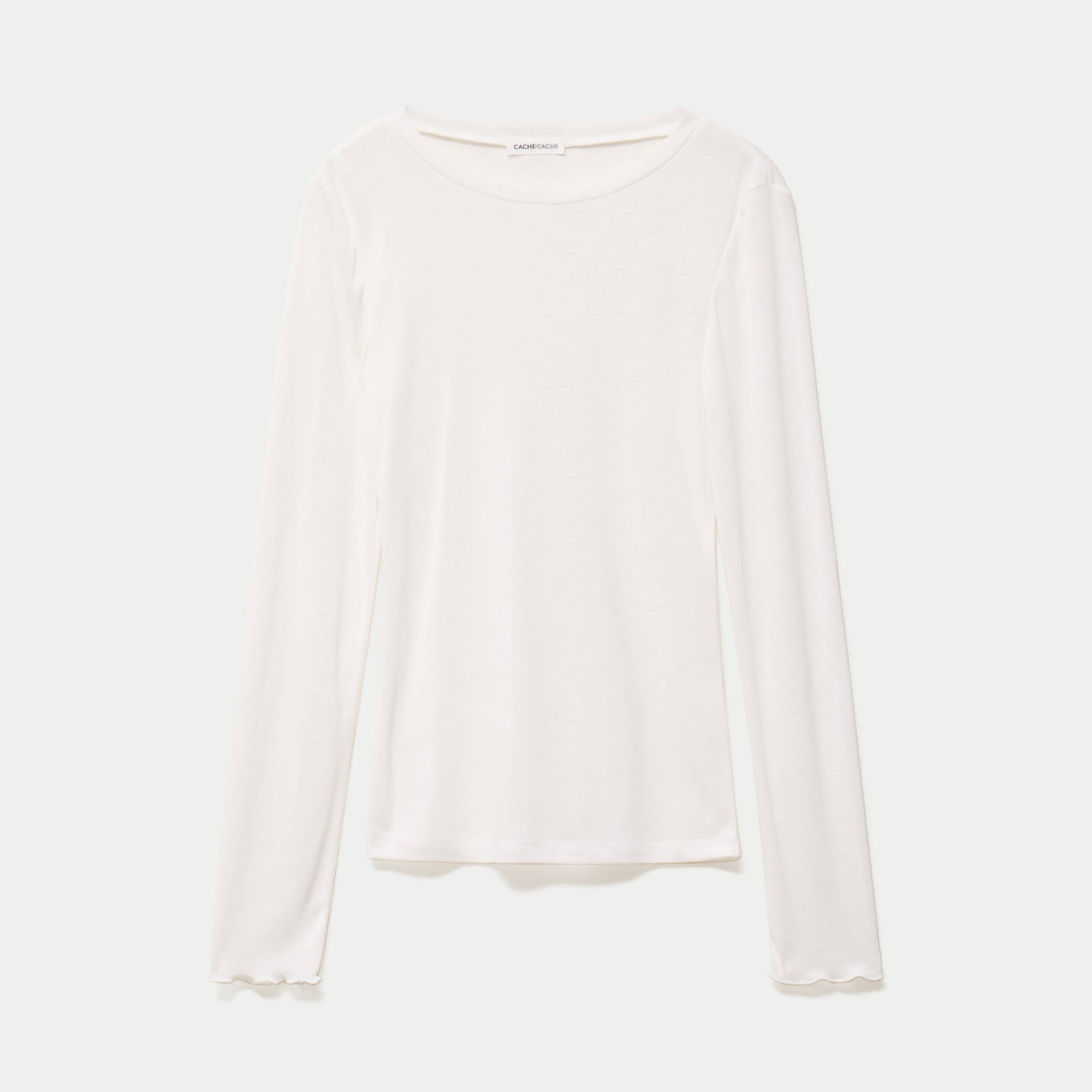 T-shirt ajust&eacute; col rond manches longues ecru femme