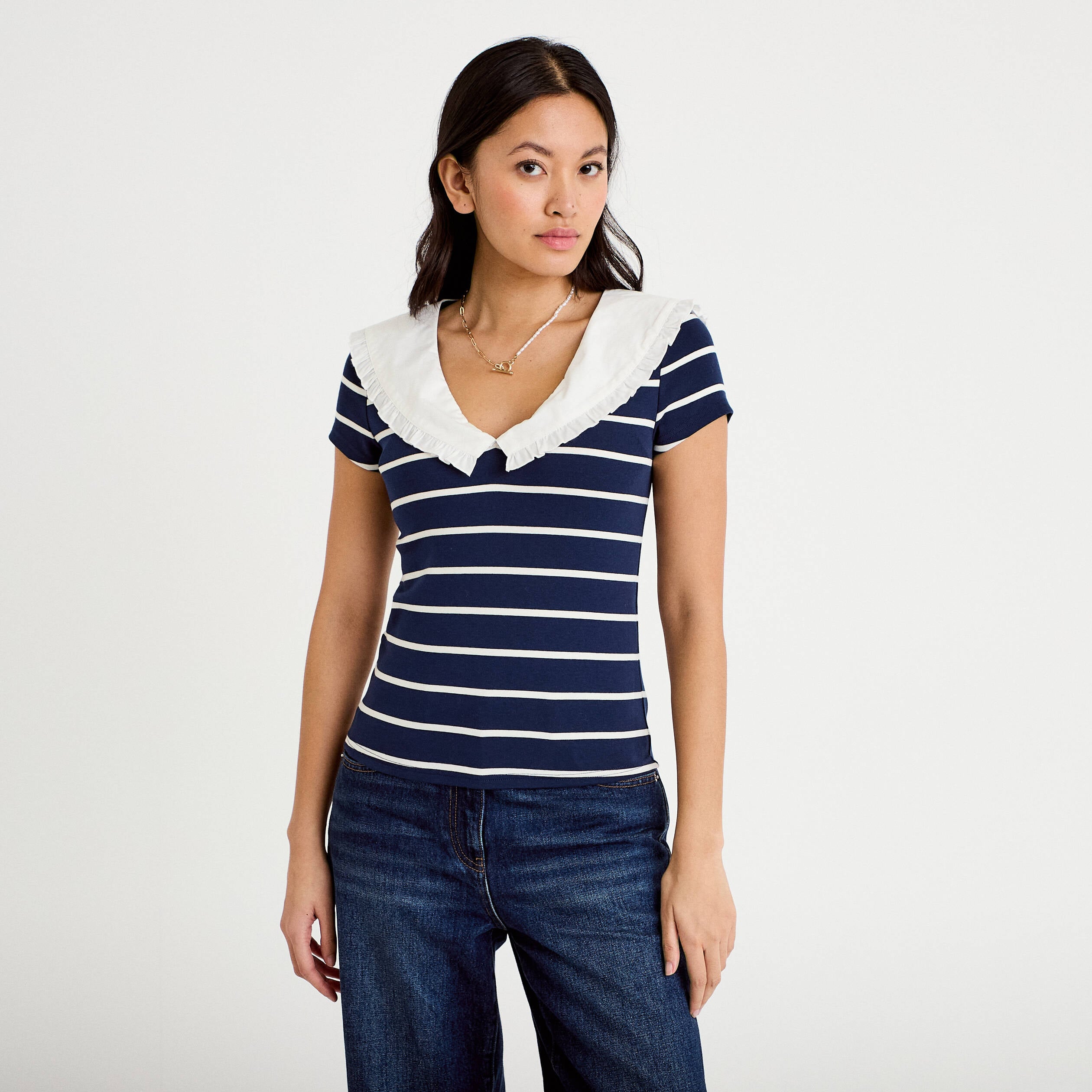T-shirt col marin &agrave; volants ecru femme