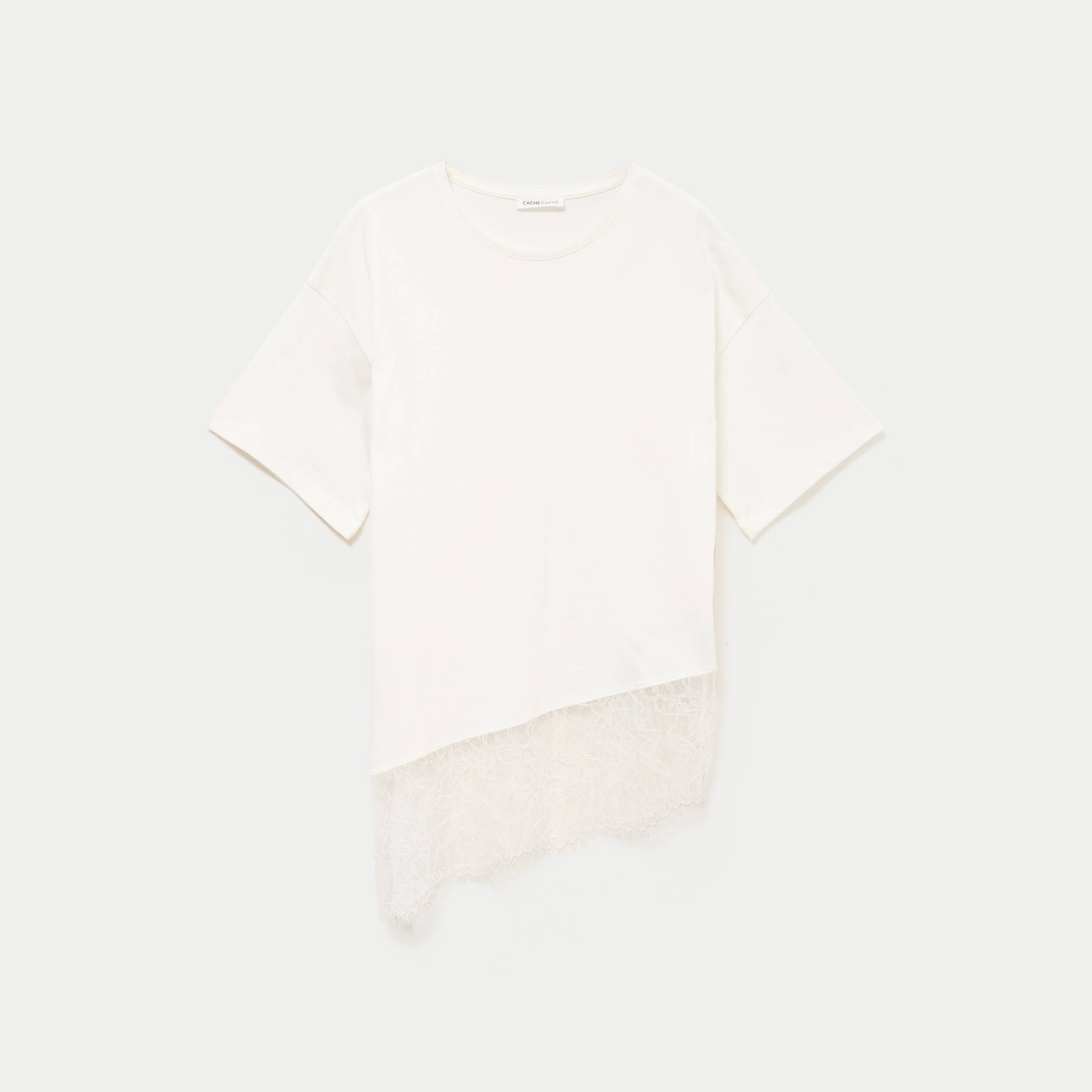 T-shirt oversize longue dentelle ecru femme