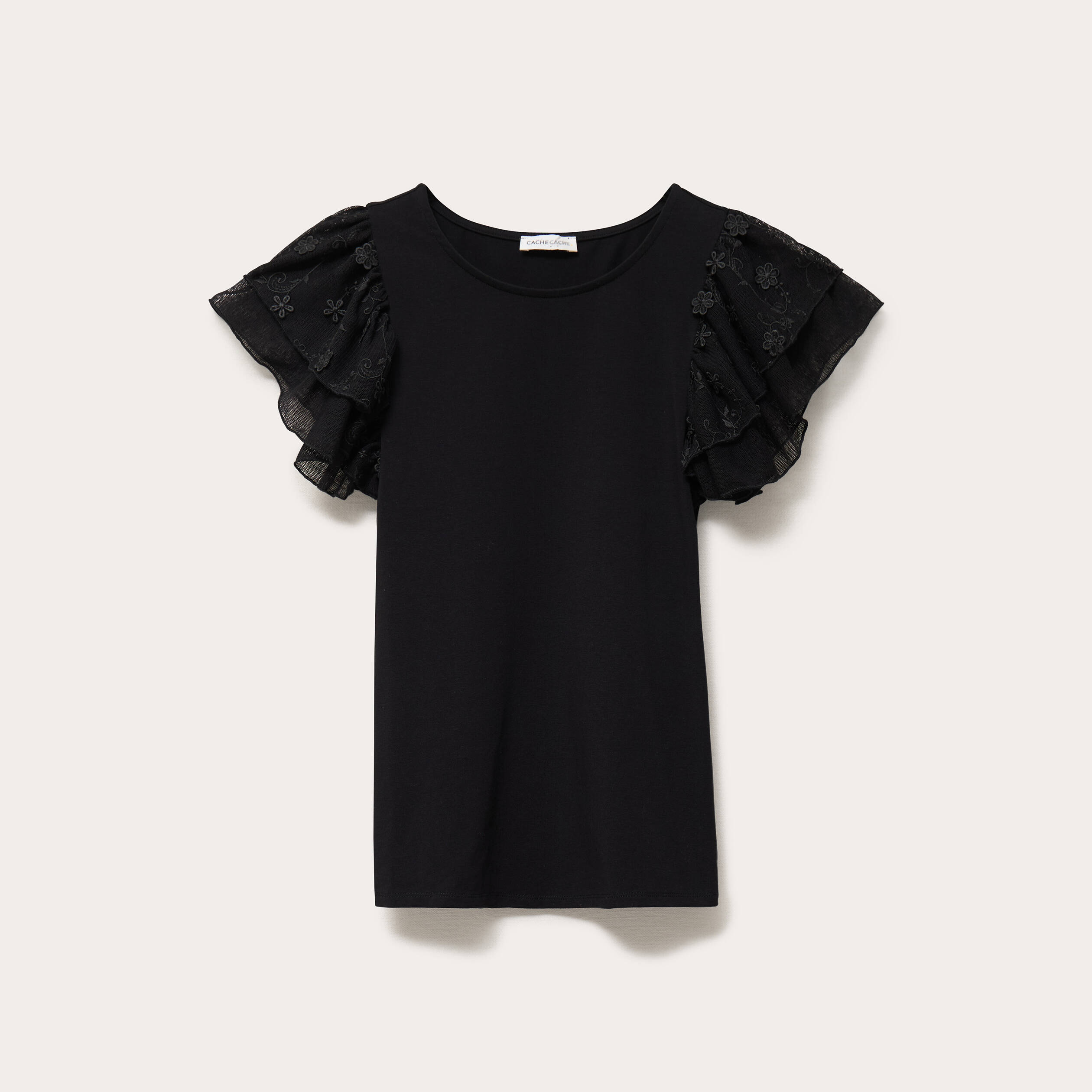 T-shirt ajust&eacute; dentelle col rond noir femme