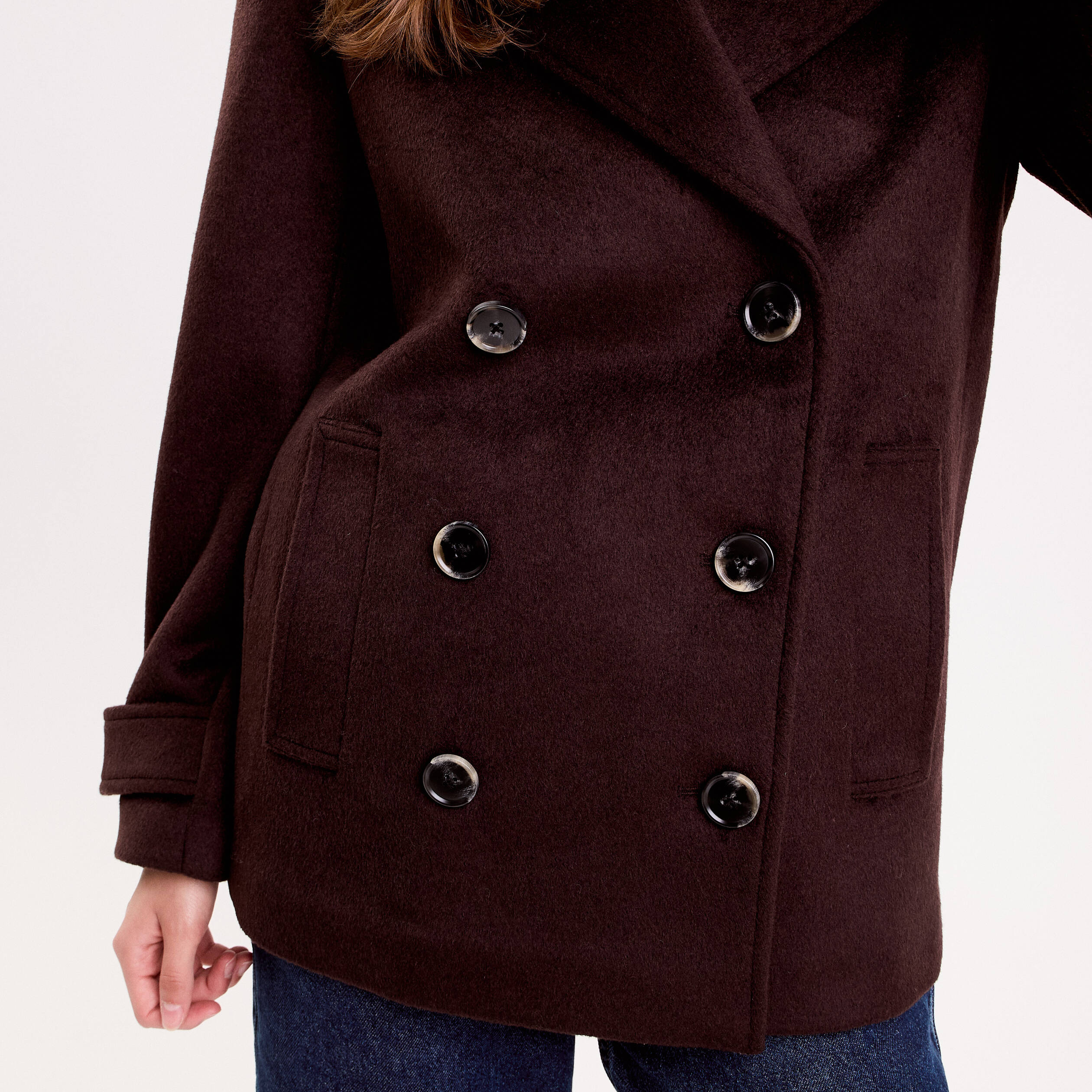 Caban col tailleur manches longues marron fonc&eacute; femme