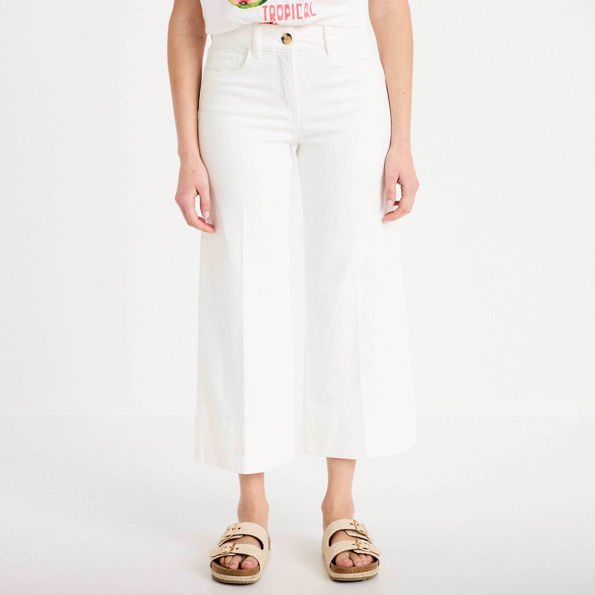 Jean wide leg cropped taille haute denim blanc femme