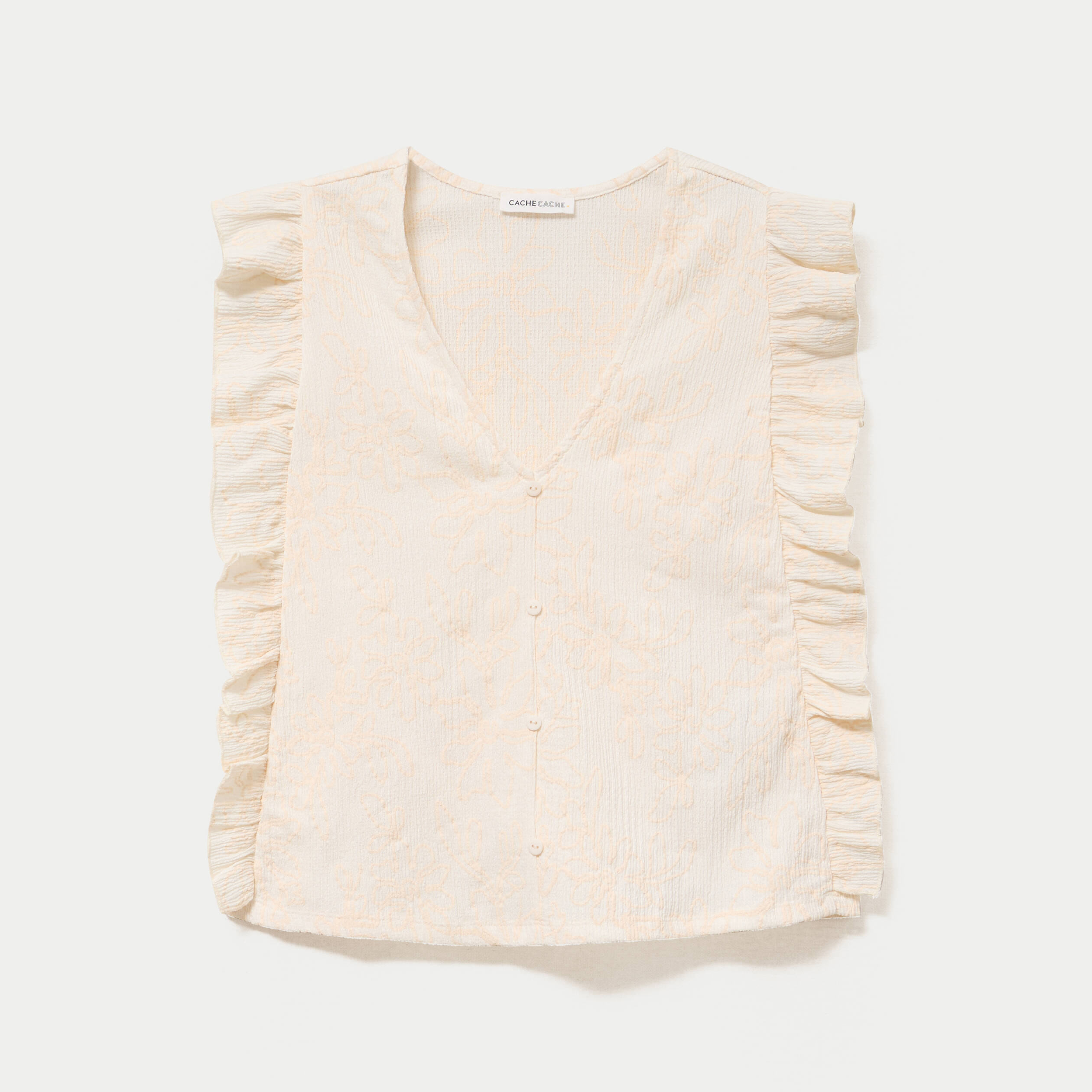 T-shirt sans manches col v brod&eacute; ecru femme