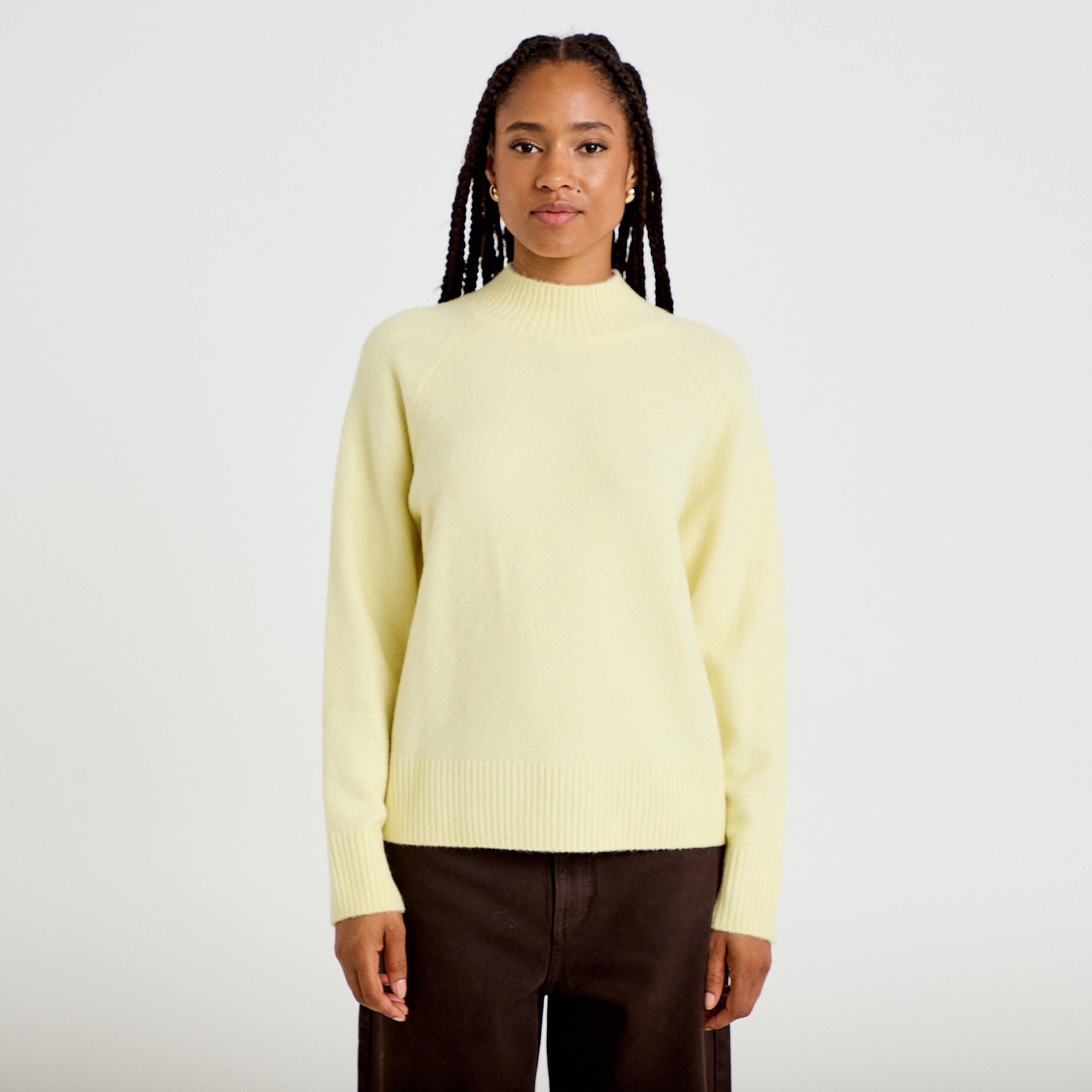 Pull col montant manches longues jaune clair femme