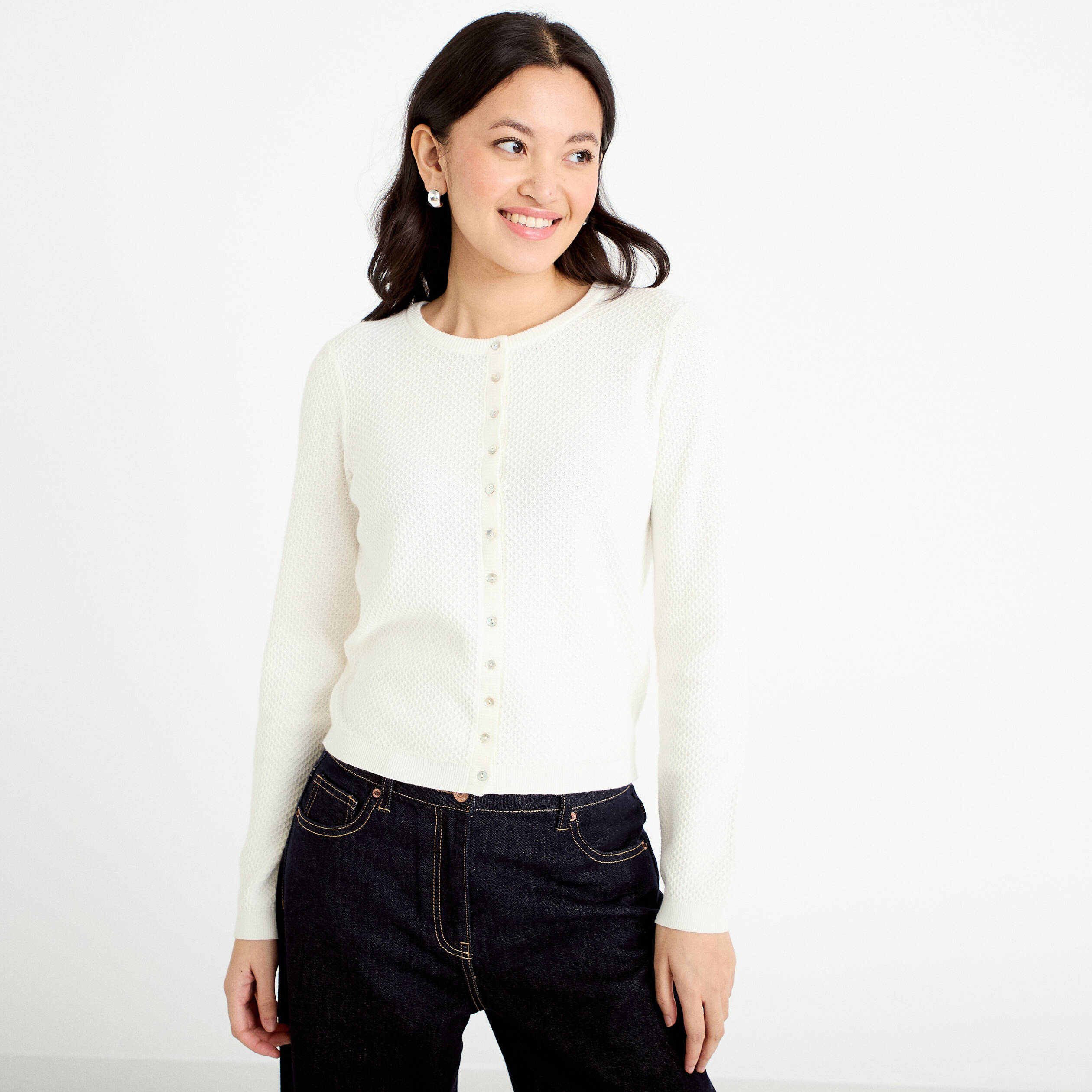 Gilet ajour&eacute; manches longues ecru femme