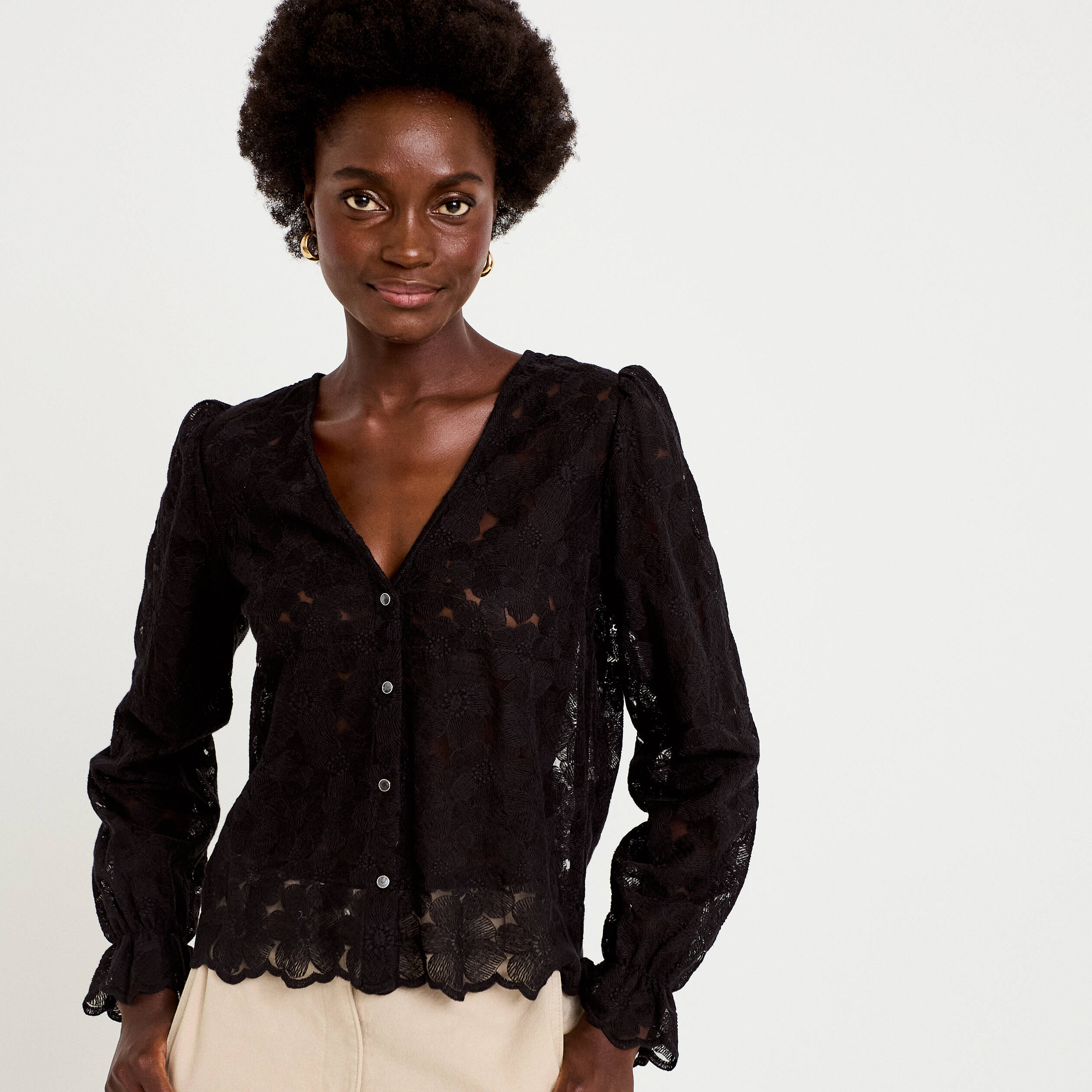 Blouse droite col v en dentelle noir femme
