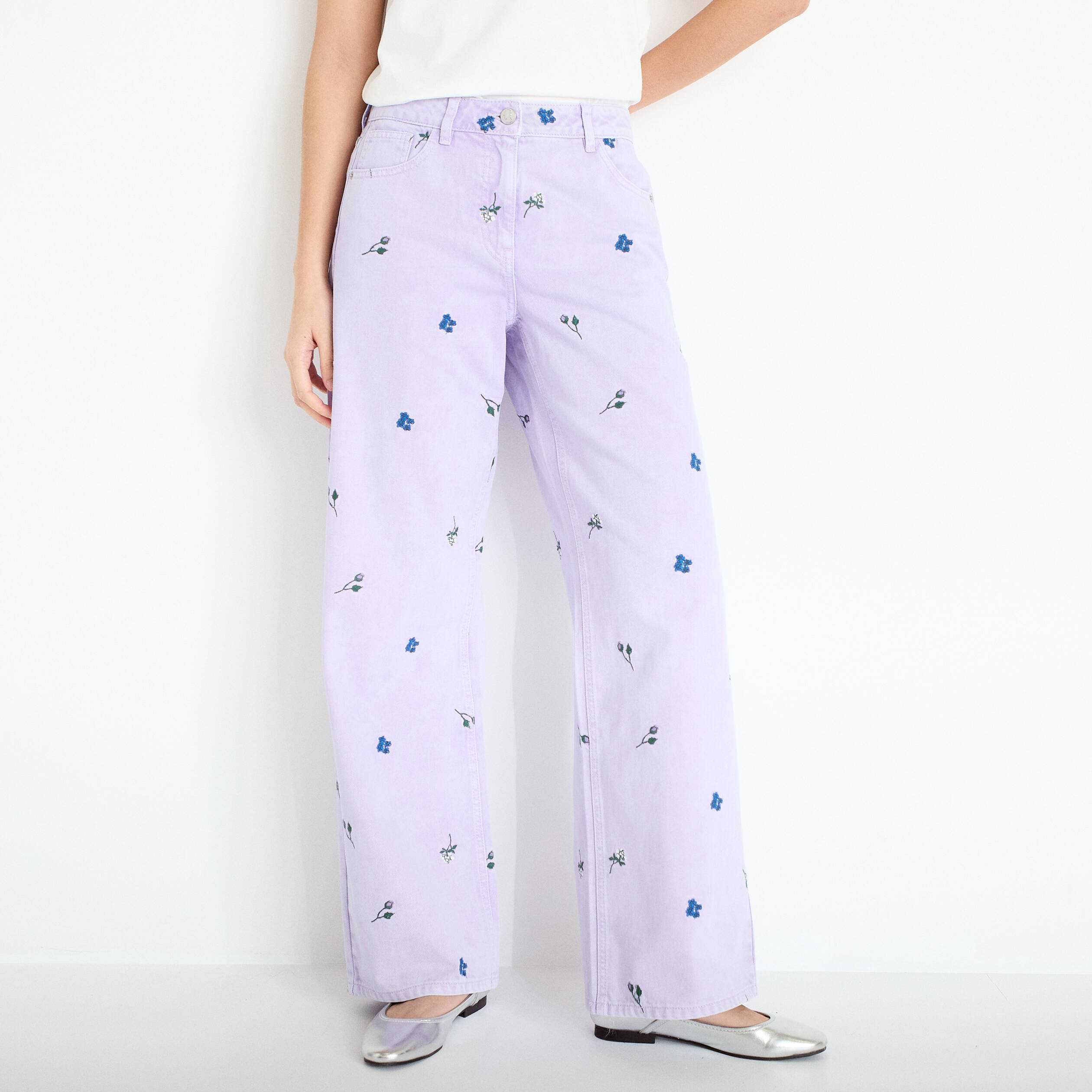 Jean wide leg brod&eacute; Bridgerton mauve femme