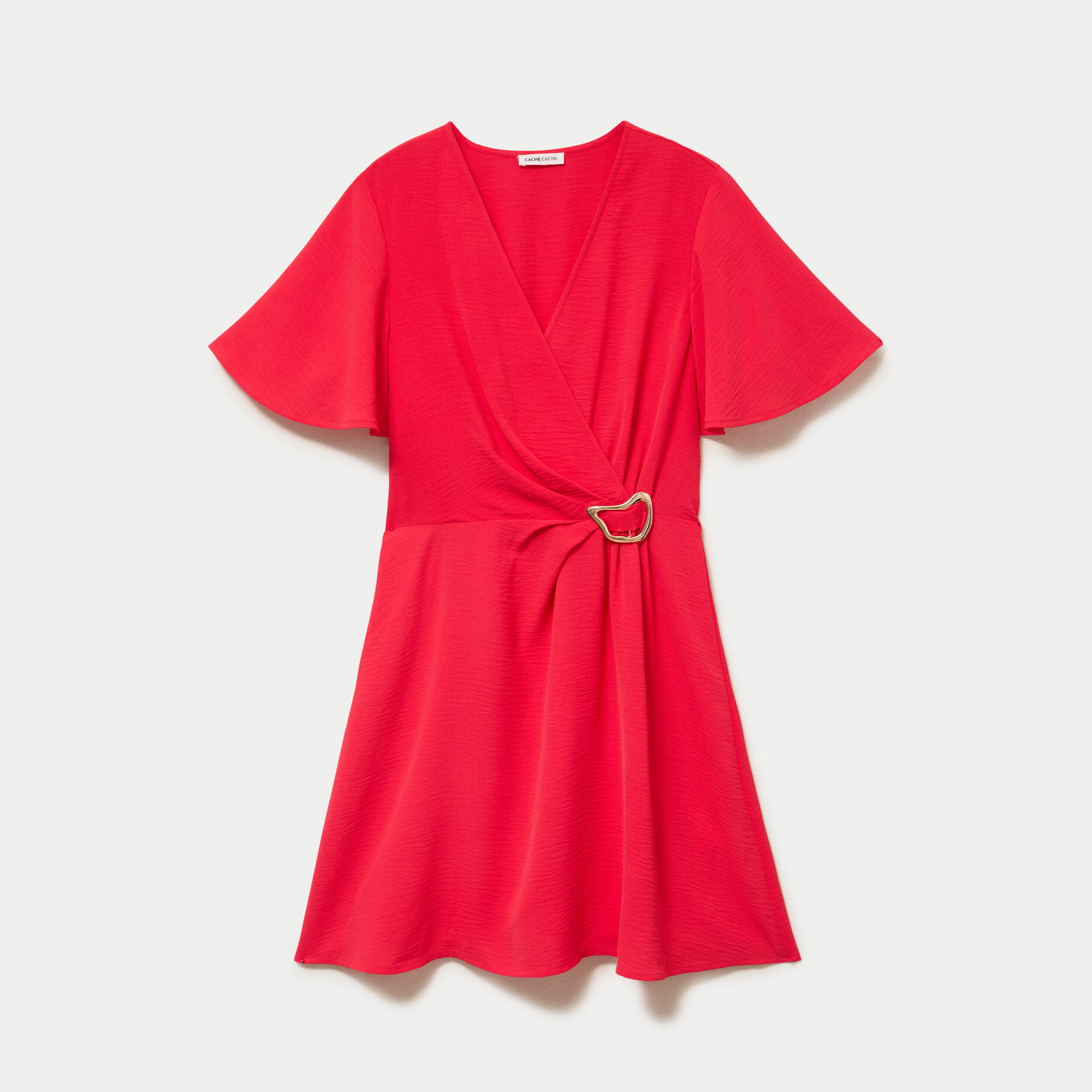 Robe courte &eacute;vas&eacute;e col v manches courtes rouge femme