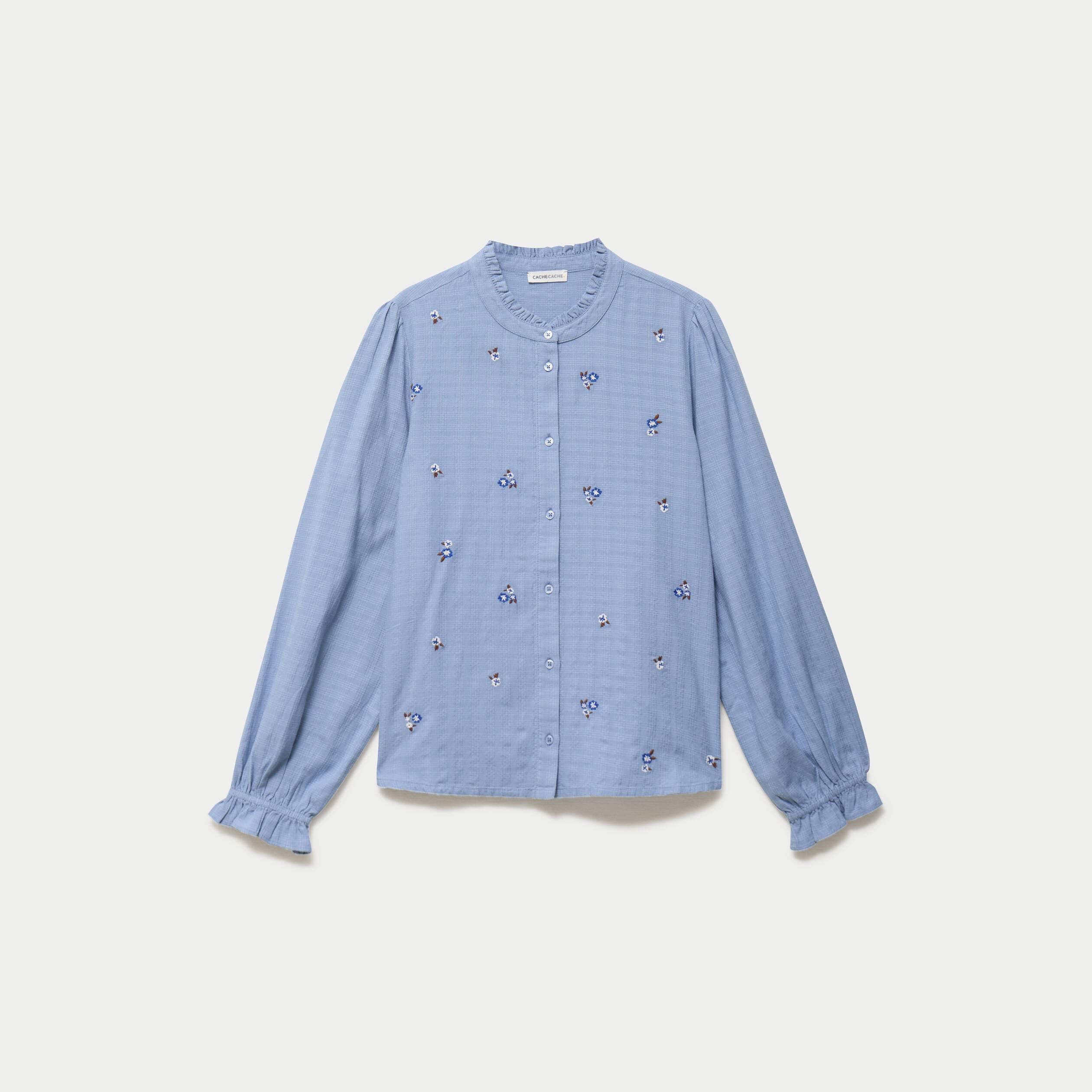 Blouse droite courte broderie bleu femme
