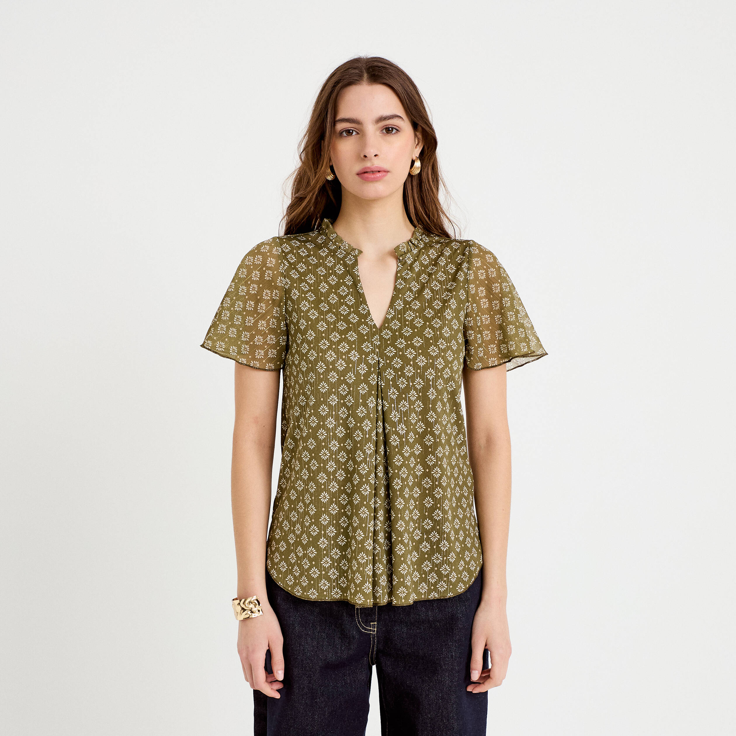 Blouse droite longue manches courtes vert femme