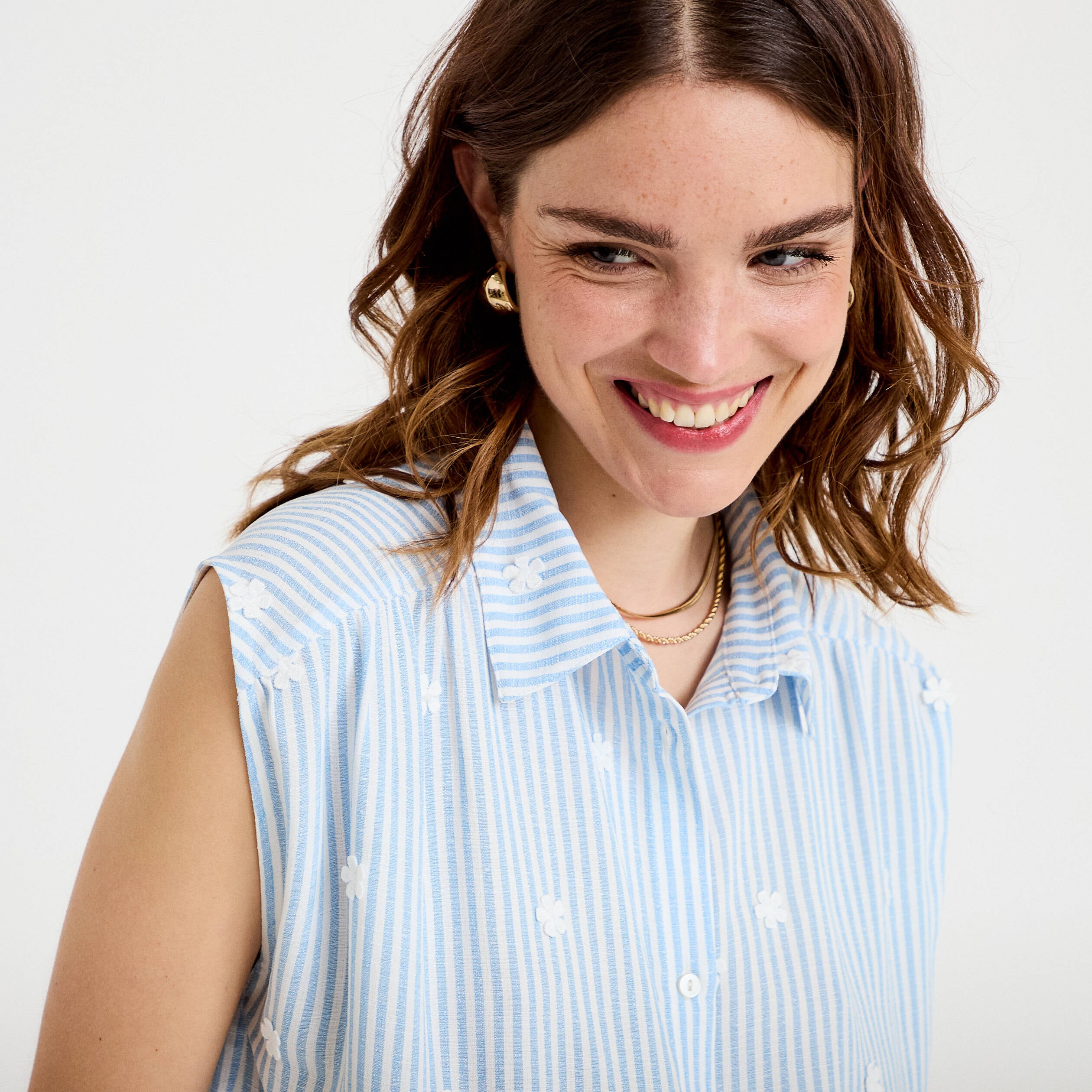 Blouse sans manches col classique bleu femme