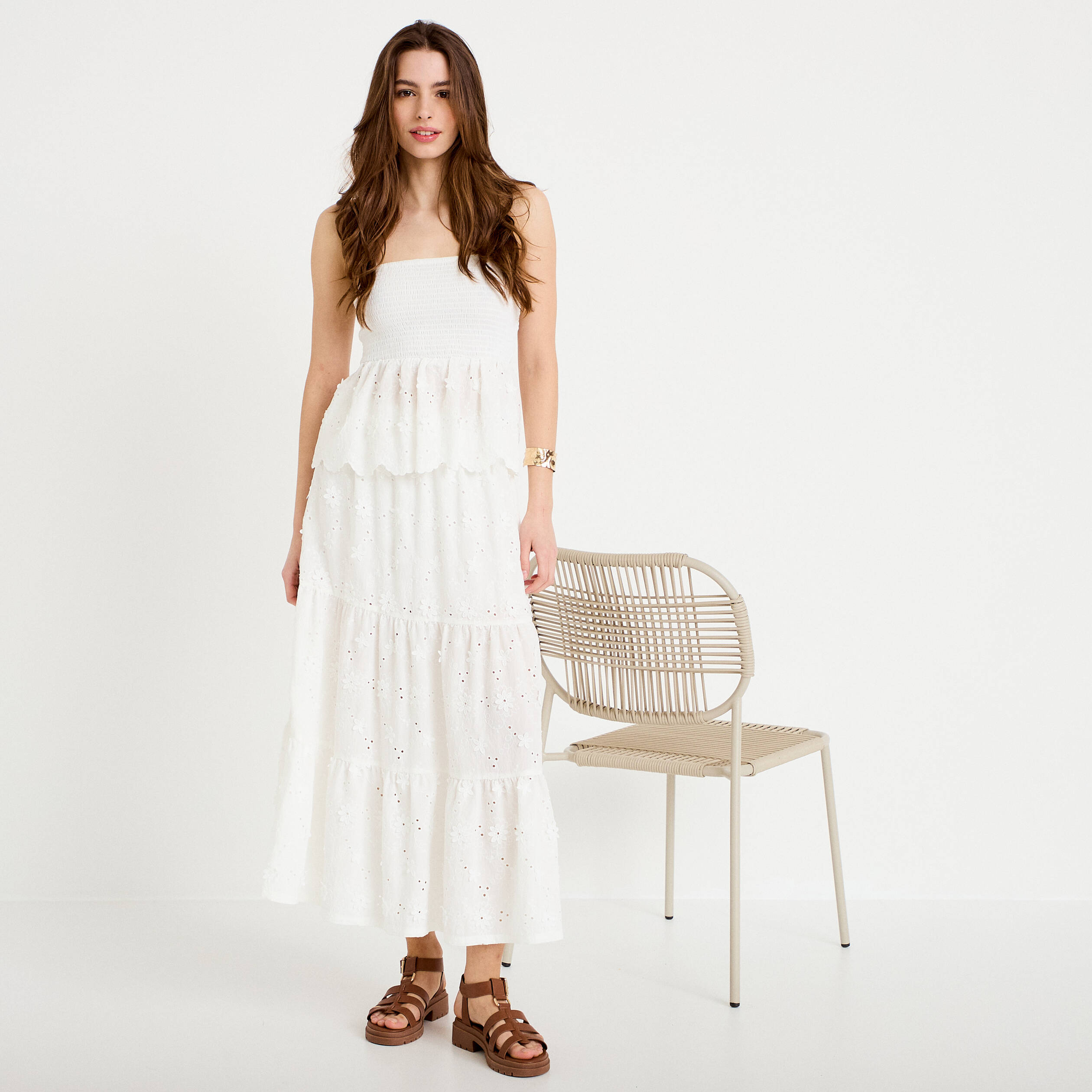 Jupon long &eacute;vas&eacute; avec broderie blanc femme