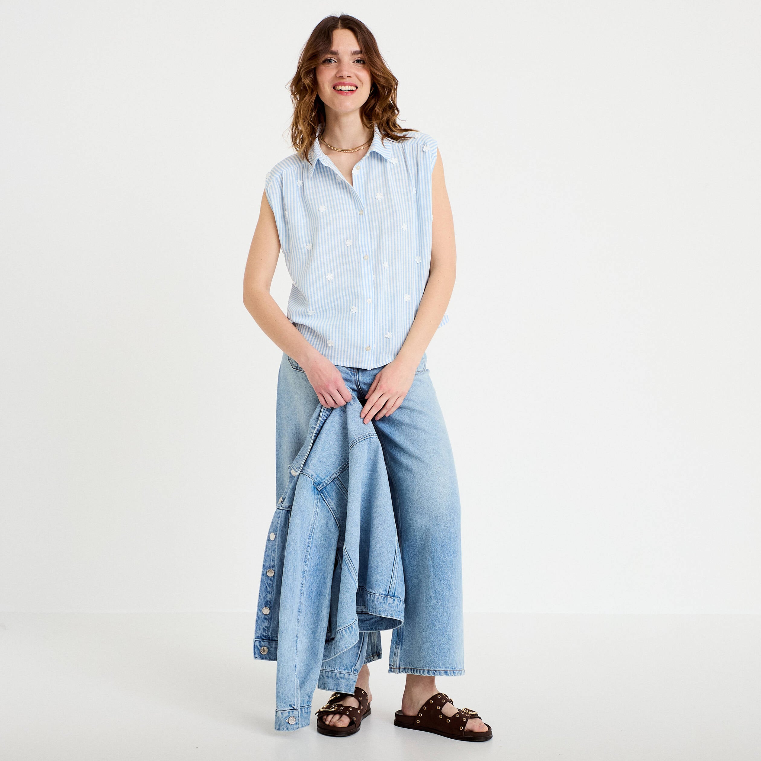 Blouse sans manches col classique bleu femme