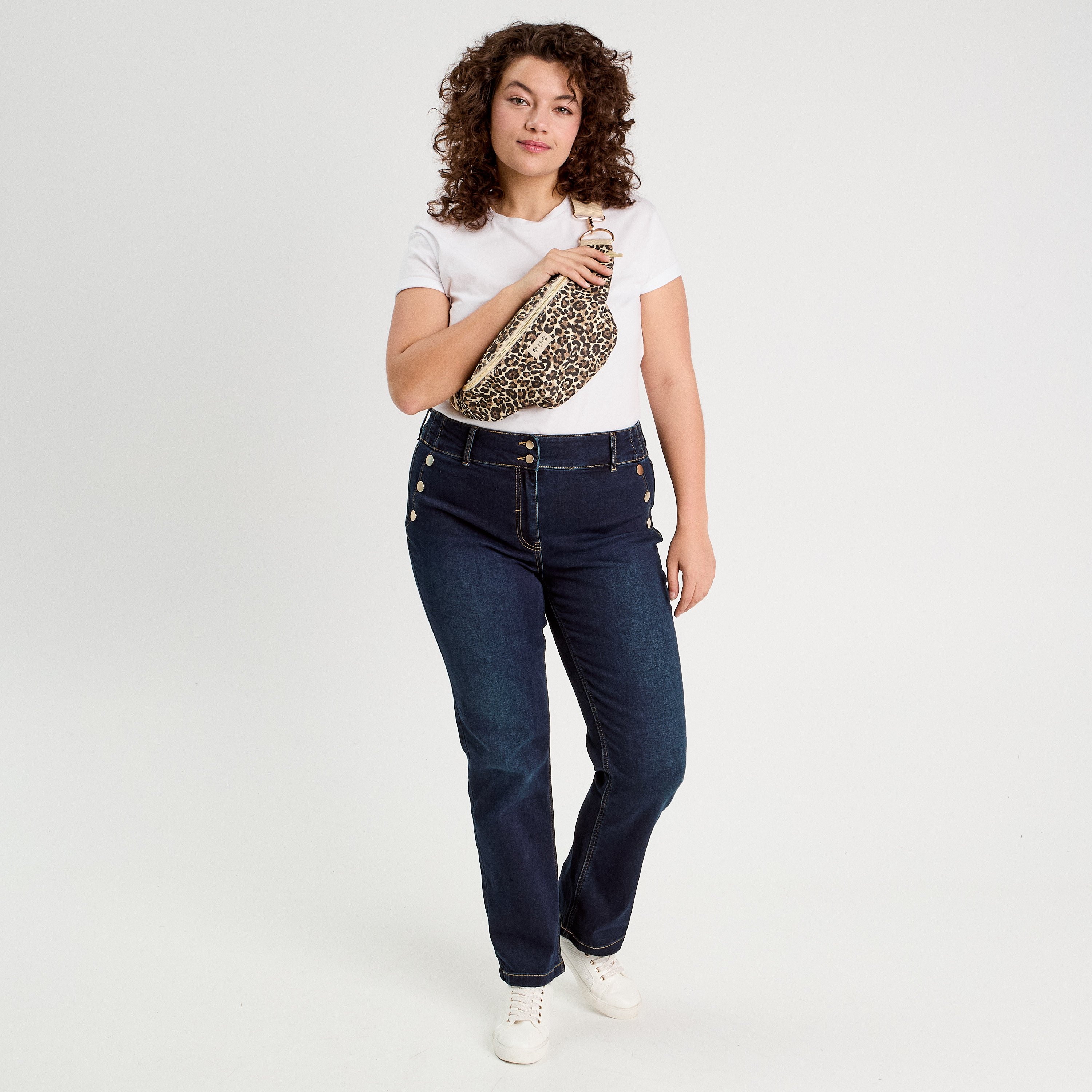 Jeans Baggy Femme Taille Haute - Coupe Droite élastique - Effet Distressed Léger - Blanc - Confort Stretch