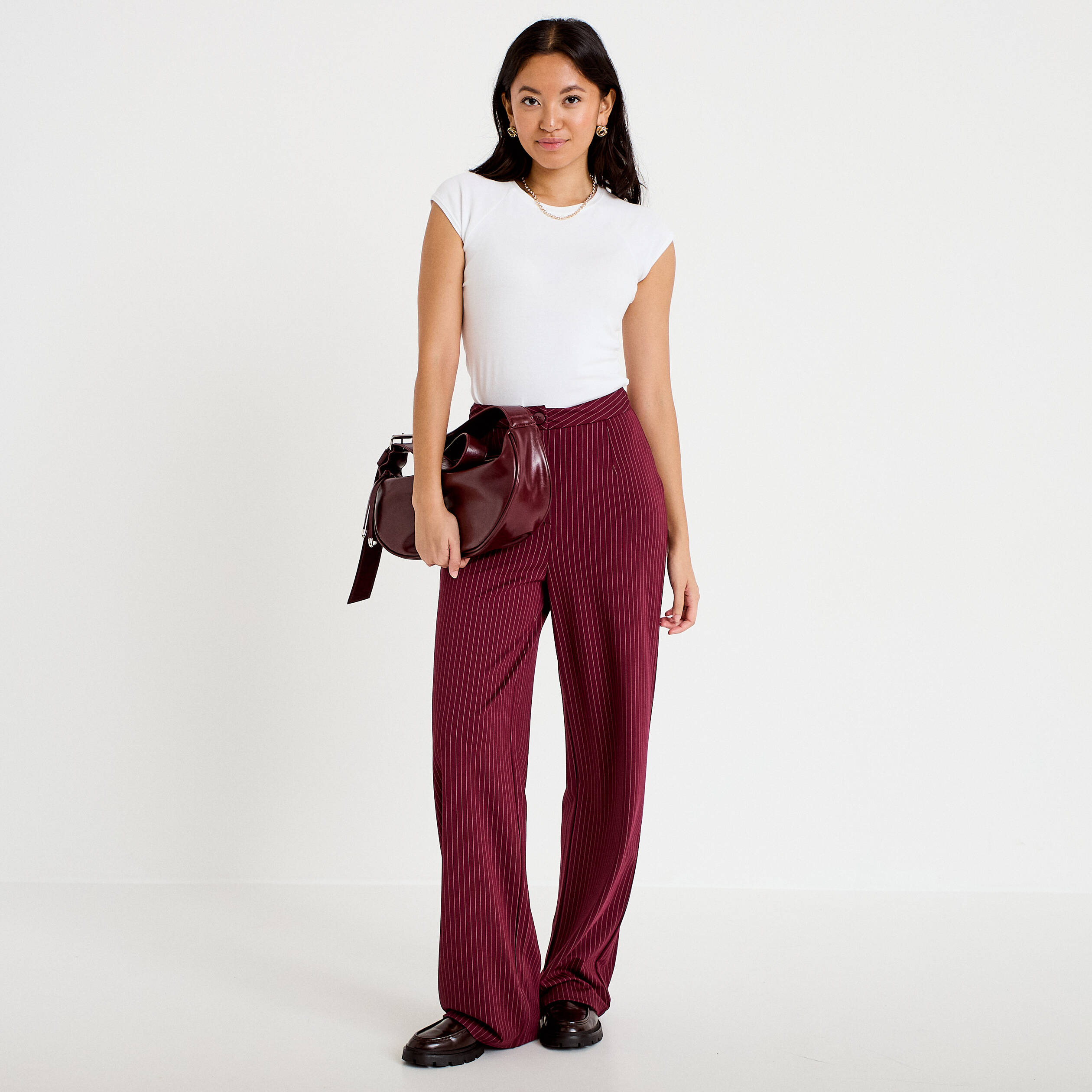 Pantalon large taille haute rouge femme