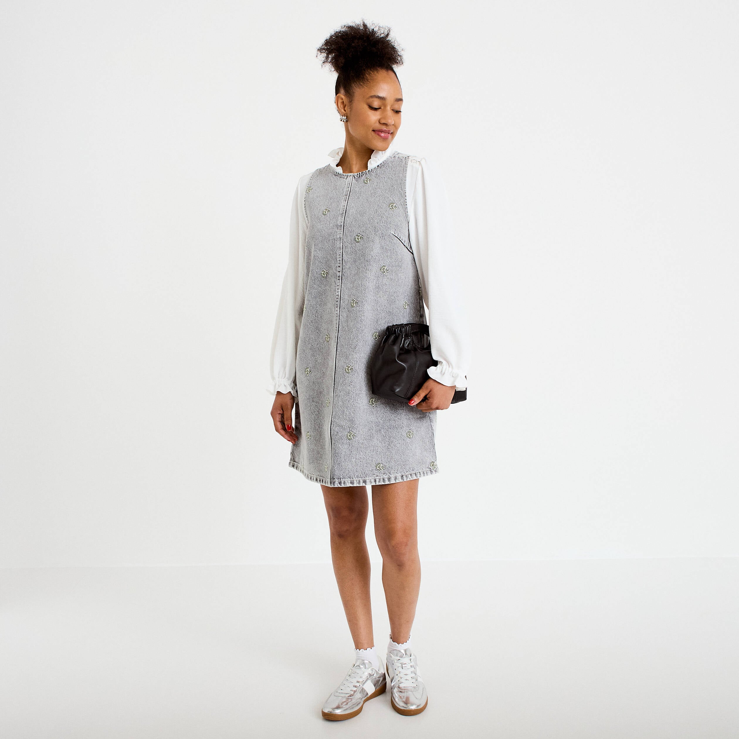 Robe courte droite en jean sans manches denim gris femme