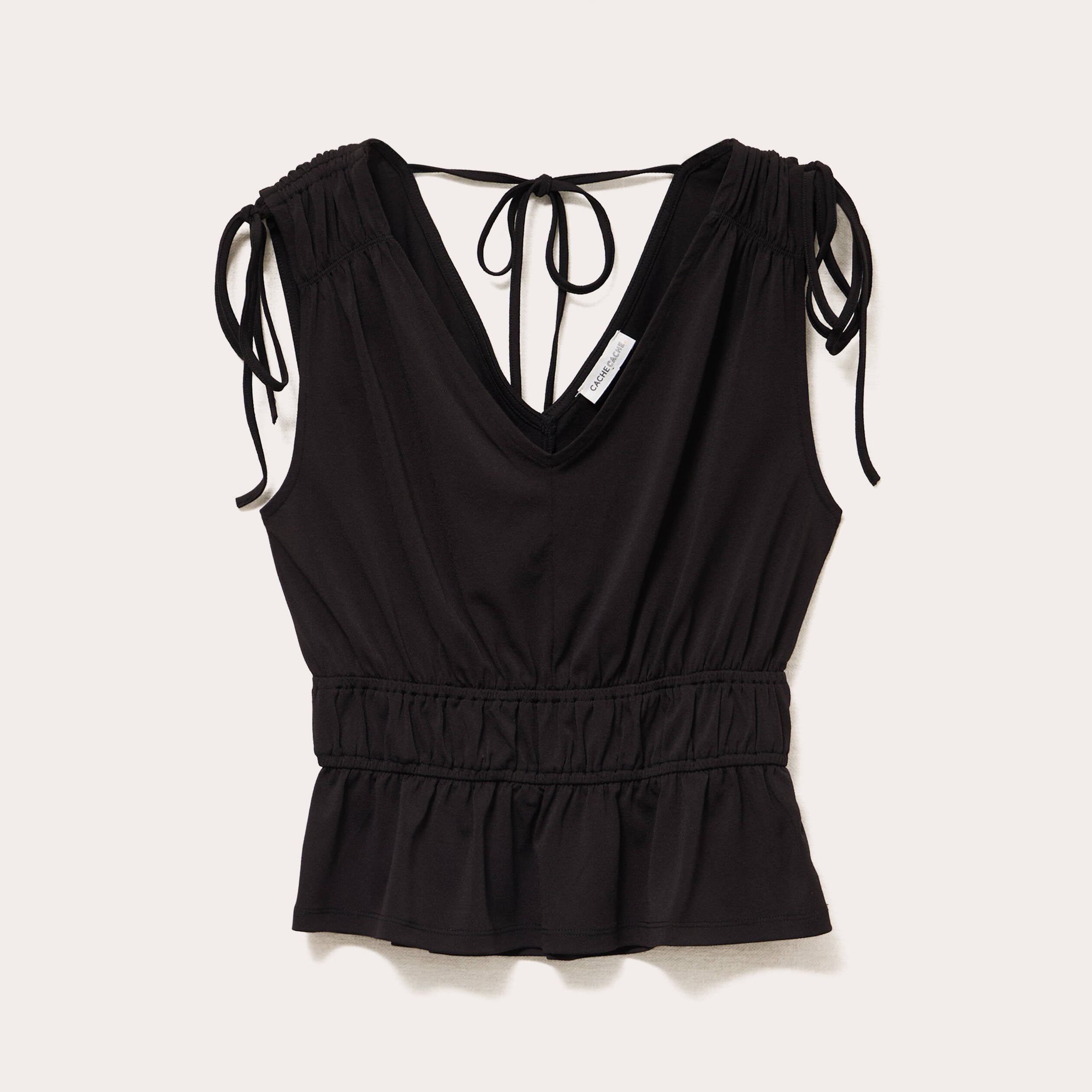Blouse sans manches col v bas resserr&eacute; noir femme