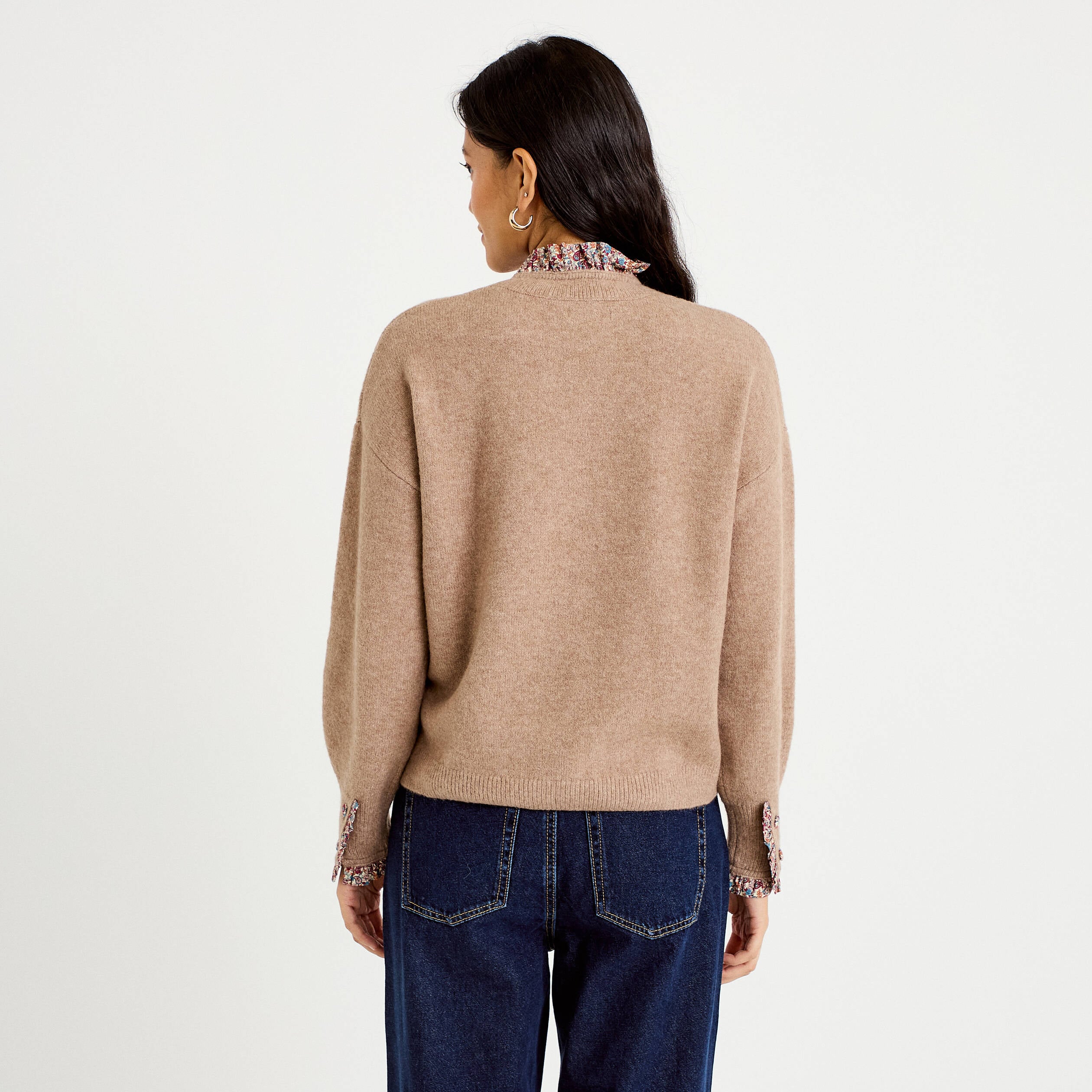 Pull col rond manches longues beige femme