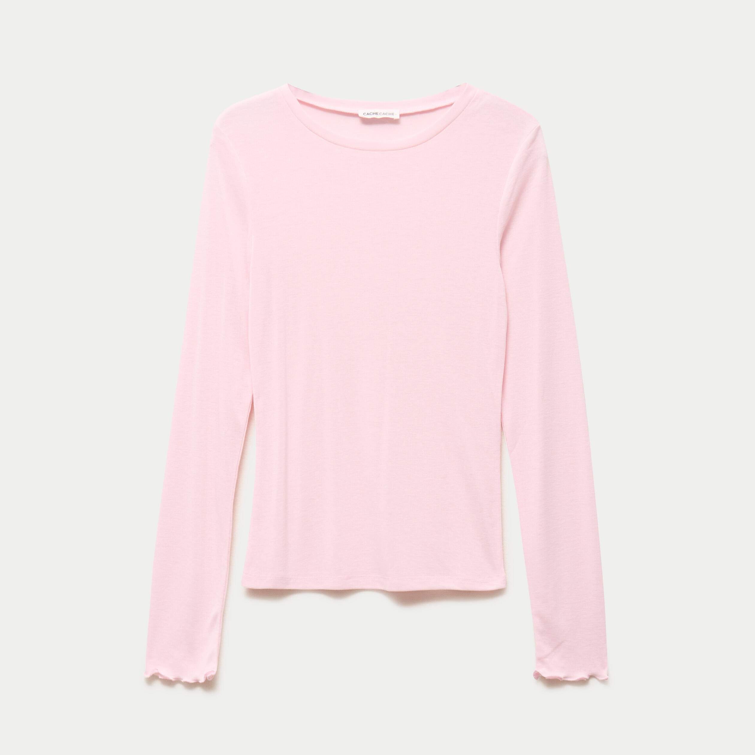 T-shirt ajust&eacute; col rond manches longues rose clair femme