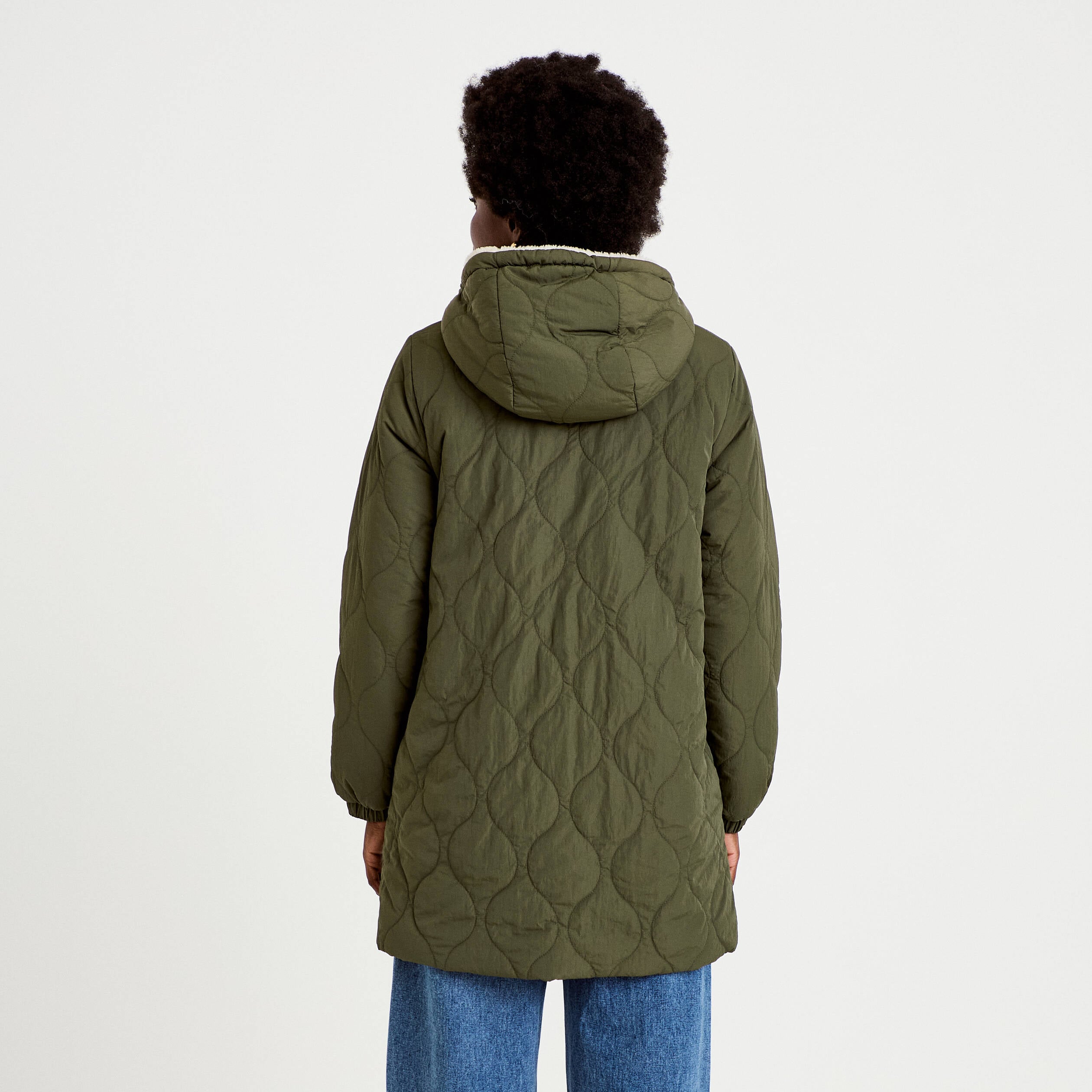 Parka r&eacute;versible effet polaire vert kaki femme