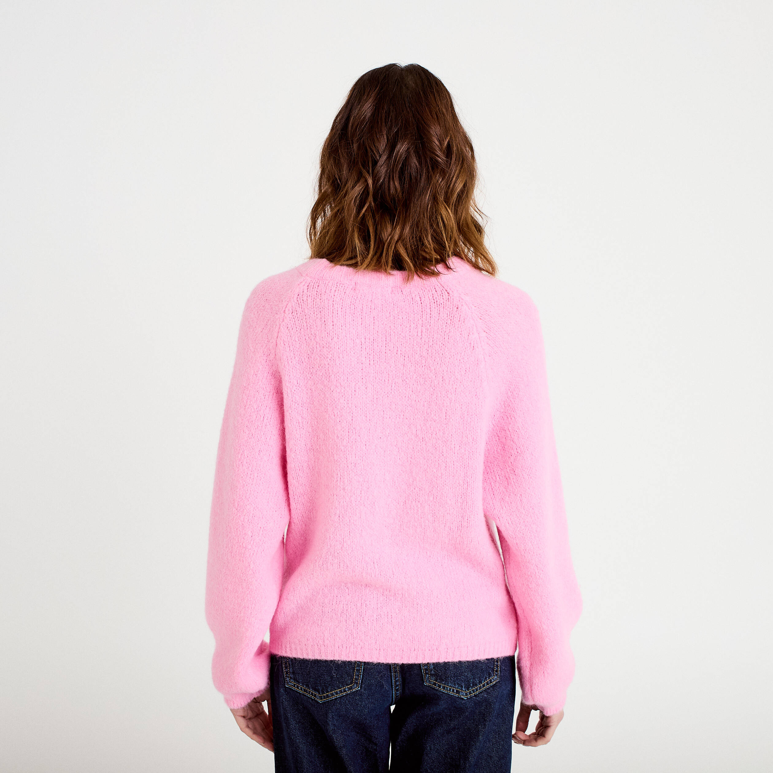 Pull ample col rond manches longues rose femme